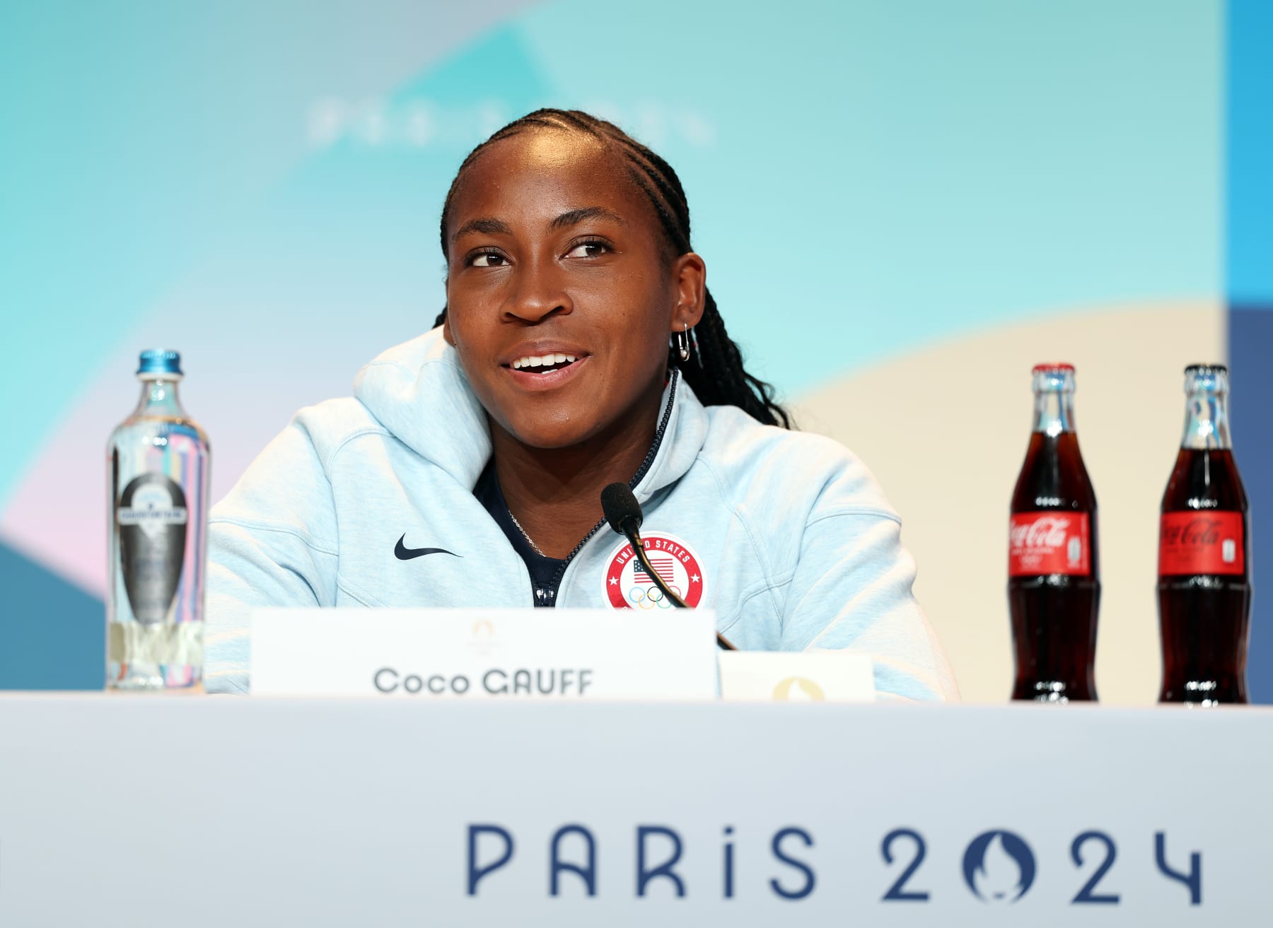 PARIS, FRANCE - JULY 25: Coco Gauff of Team United States speaks to the media during a Team United States Flag Bearer Press Conference at Main Press Centre ahead of the Paris 2024 Olympic Games on July 25, 2024 in Paris, France. (Photo by Lintao Zhang/Getty Images)