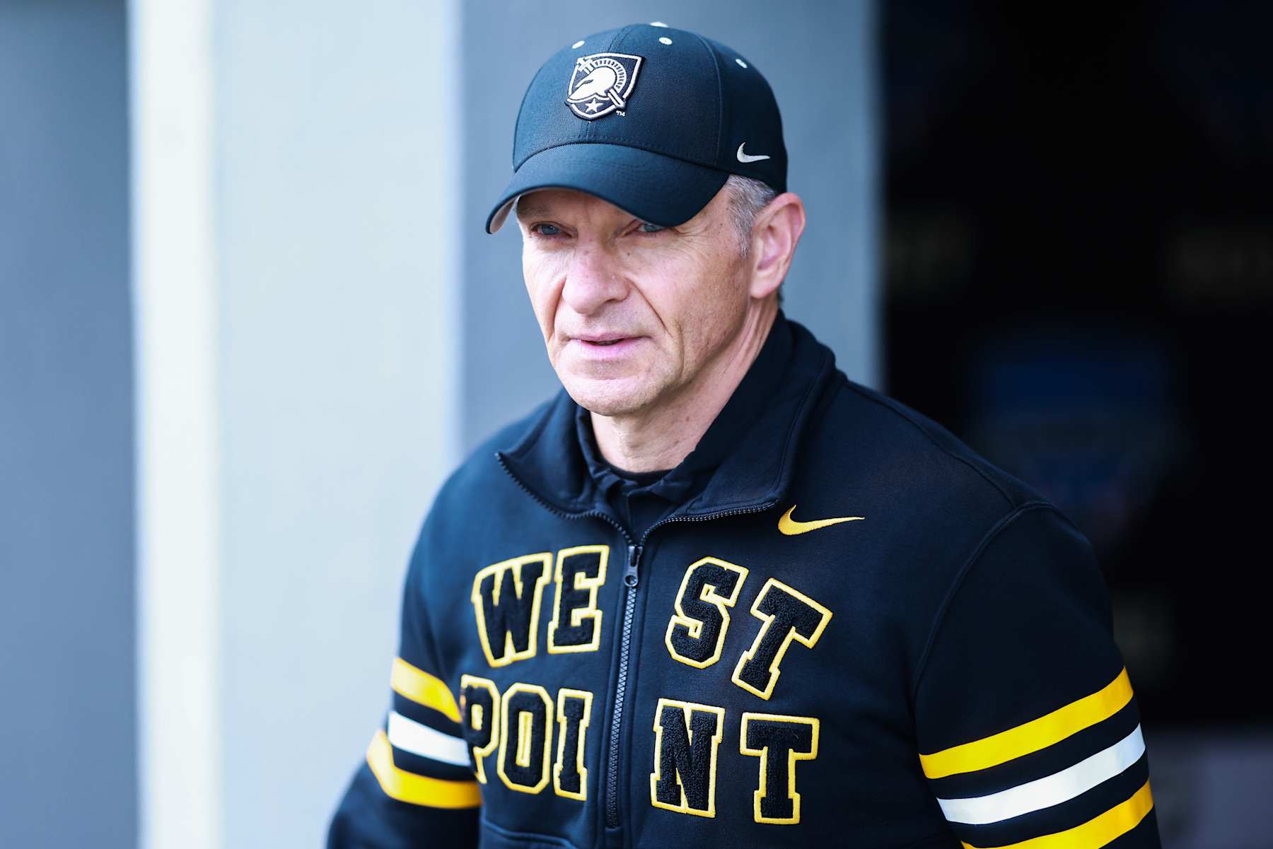 WEST POINT, NEW YORK - NOVEMBER 02: Army Black Knights head coach Jeff Monken walks out before the game against the Air Force Falcons at Michie Stadium on November 02, 2024 in West Point, New York. (Photo by Dustin Satloff/Getty Images)