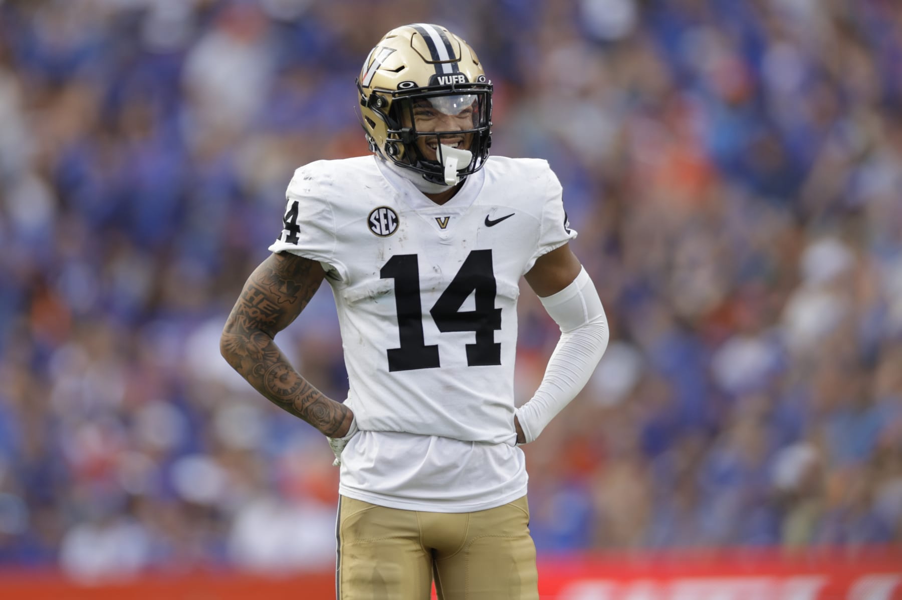 GAINESVILLE, FL - OCTOBER 07: Vanderbilt Commodores wide receiver Will Sheppard (14) during the game between the Vanderbilt Commodores and the Florida Gators on October 7, 2023 at Ben Hill Griffin Stadium at Florida Field in Gainesville, Fl. (Photo by David Rosenblum/Icon Sportswire via Getty Images)