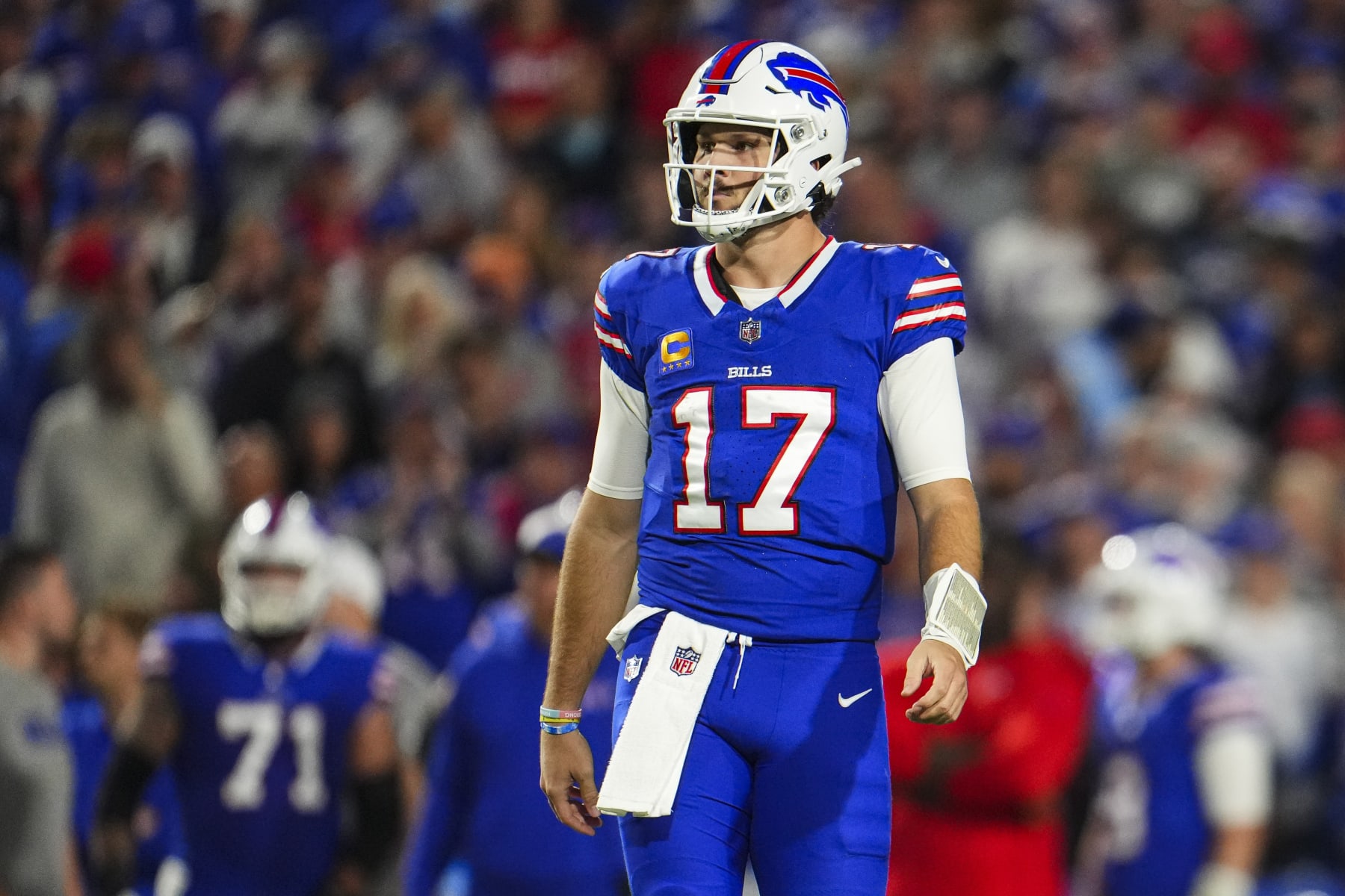 ORCHARD PARK, NY - OCTOBER 26: Josh Allen #17 of the Buffalo Bills looks on from the field during an NFL football game against the Tampa Bay Buccaneers at Highmark Stadium on October 26, 2023 in Orchard Park, New York. (Photo by Cooper Neill/Getty Images)
