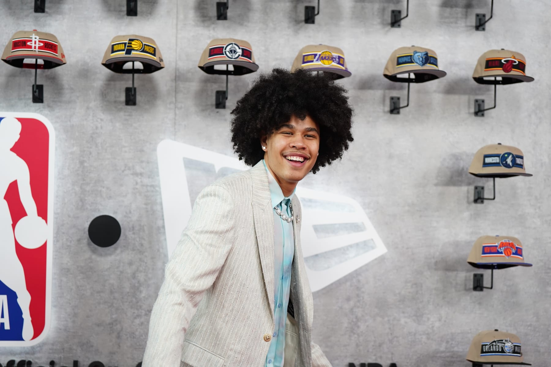 BROOKLYN, NY - JUNE 26: Kyshawn George smiles during the 2024 NBA Draft - Round One on June 26, 2024 at Barclays Center in Brooklyn, New York. NOTE TO USER: User expressly acknowledges and agrees that, by downloading and or using this photograph, User is consenting to the terms and conditions of the Getty Images License Agreement. Mandatory Copyright Notice: Copyright 2024 NBAE (Photo by Catalina Fragoso/NBAE via Getty Images)