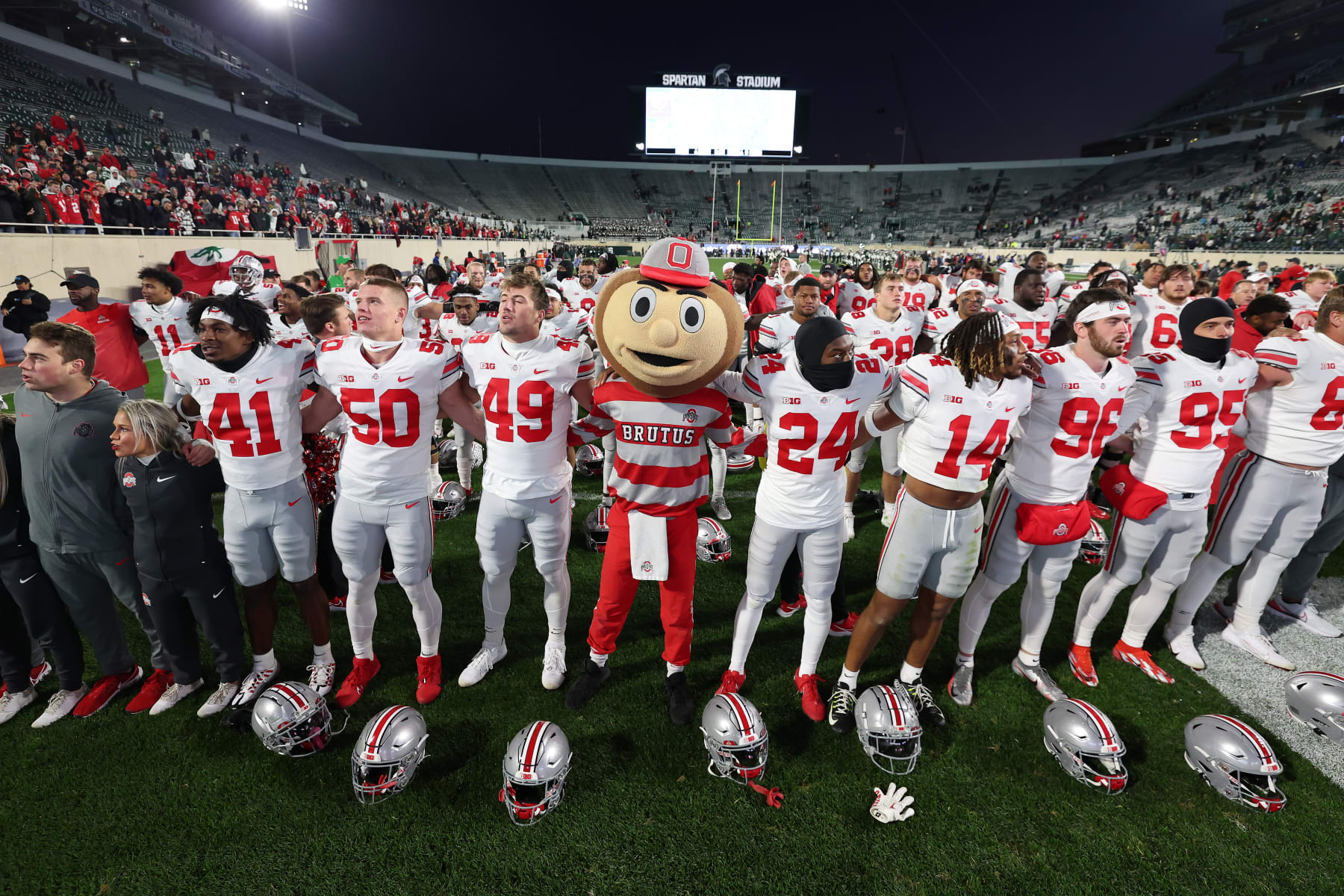EAST LANSING, MICHIGAN - OCTOBER 08: The Ohio State Buckeyes celebrate a 49-20 win over the Michigan State Spartans at Spartan Stadium on October 08, 2022 in East Lansing, Michigan. (Photo by Gregory Shamus/Getty Images)