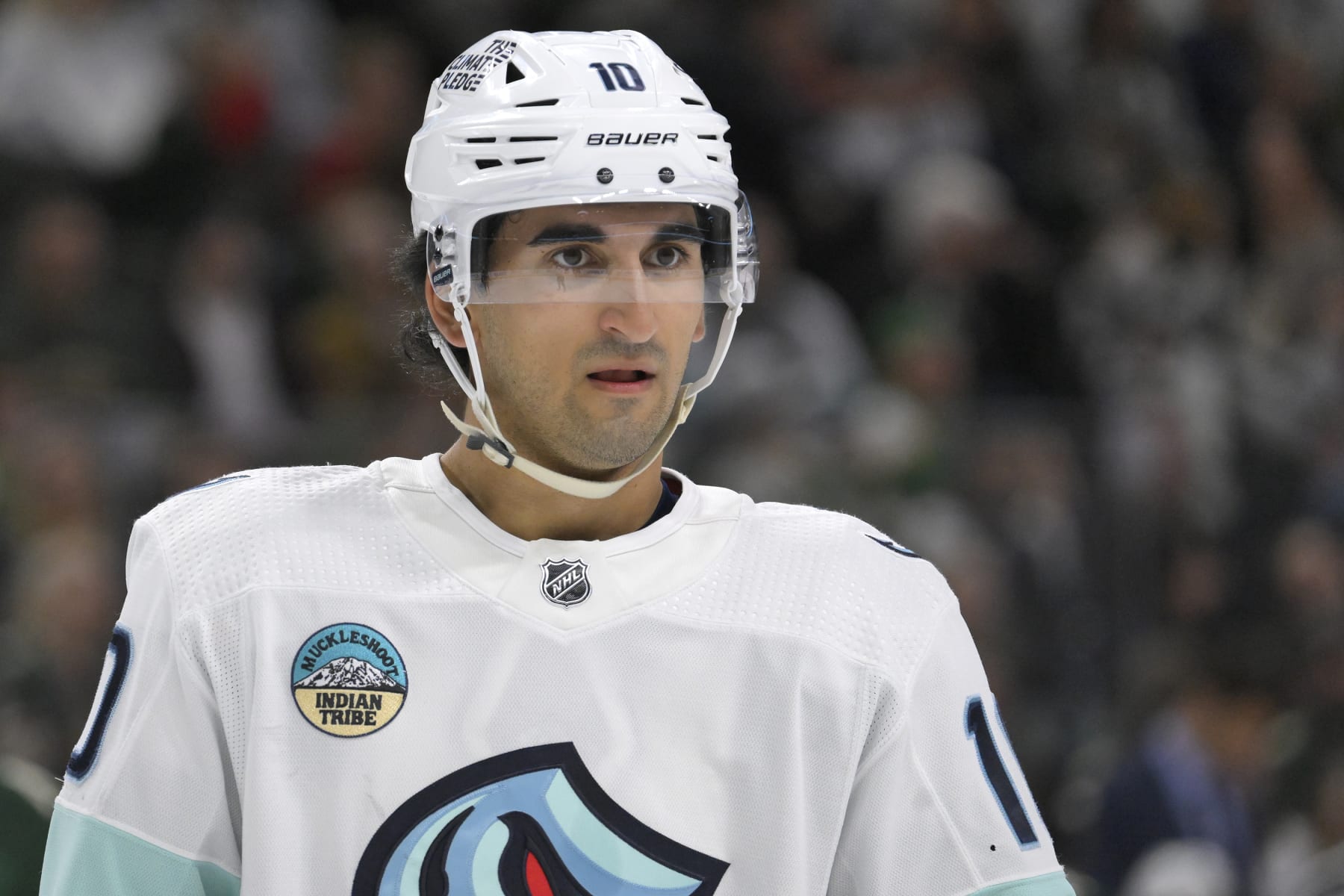 ST. PAUL, MN - APRIL 18: Seattle Kraken forward Matty Beniers (10) looks on during an NHL game between the Minnesota Wild and Seattle Kraken on April 18, 2024, at Xcel Energy Center in St. Paul, MN. (Photo by Nick Wosika/Icon Sportswire via Getty Images)