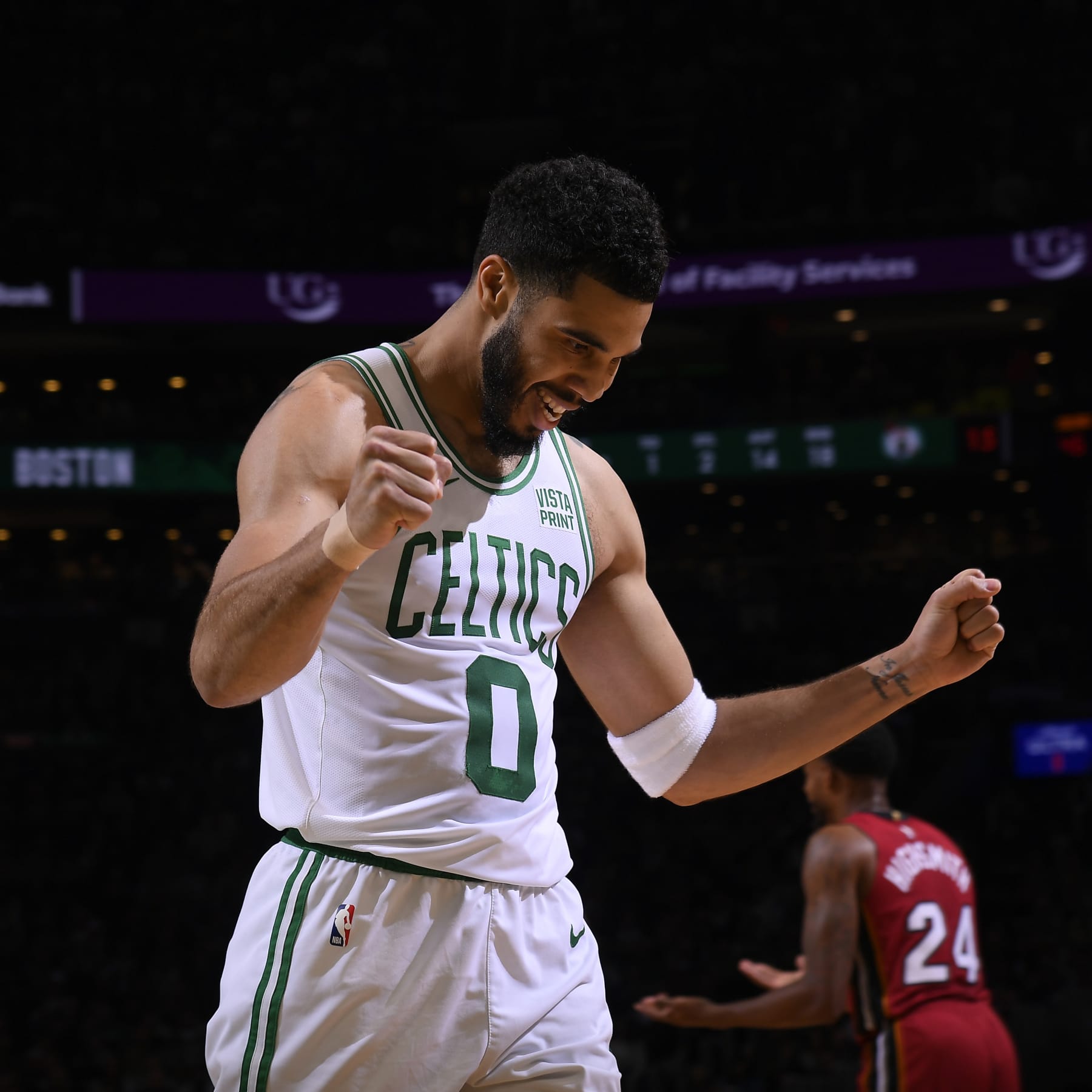 BOSTON, MA - APRIL 21: Jayson Tatum #0 of the Boston Celtics celebrates during the game against the Miami Heat during Round 1 Game 1 of the 2024 NBA Playoffs on April 21, 2024 at the TD Garden in Boston, Massachusetts. NOTE TO USER: User expressly acknowledges and agrees that, by downloading and or using this photograph, User is consenting to the terms and conditions of the Getty Images License Agreement. Mandatory Copyright Notice: Copyright 2024 NBAE  (Photo by Brian Babineau/NBAE via Getty Images)