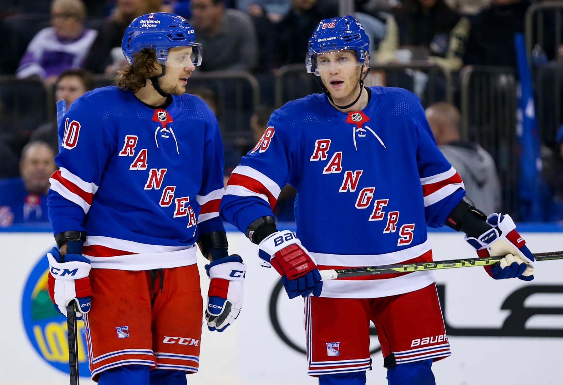 NEW YORK, NY - MARCH 02: New York Rangers Left Wing Artemi Panarin (10) and New York Rangers Right Wing Patrick Kane (88) talk during the National Hockey League game between the Ottawa Senators and the New York Rangers on March 2, 2023 at Madison Square Garden in New York, NY. (Photo by Joshua Sarner/Icon Sportswire via Getty Images)