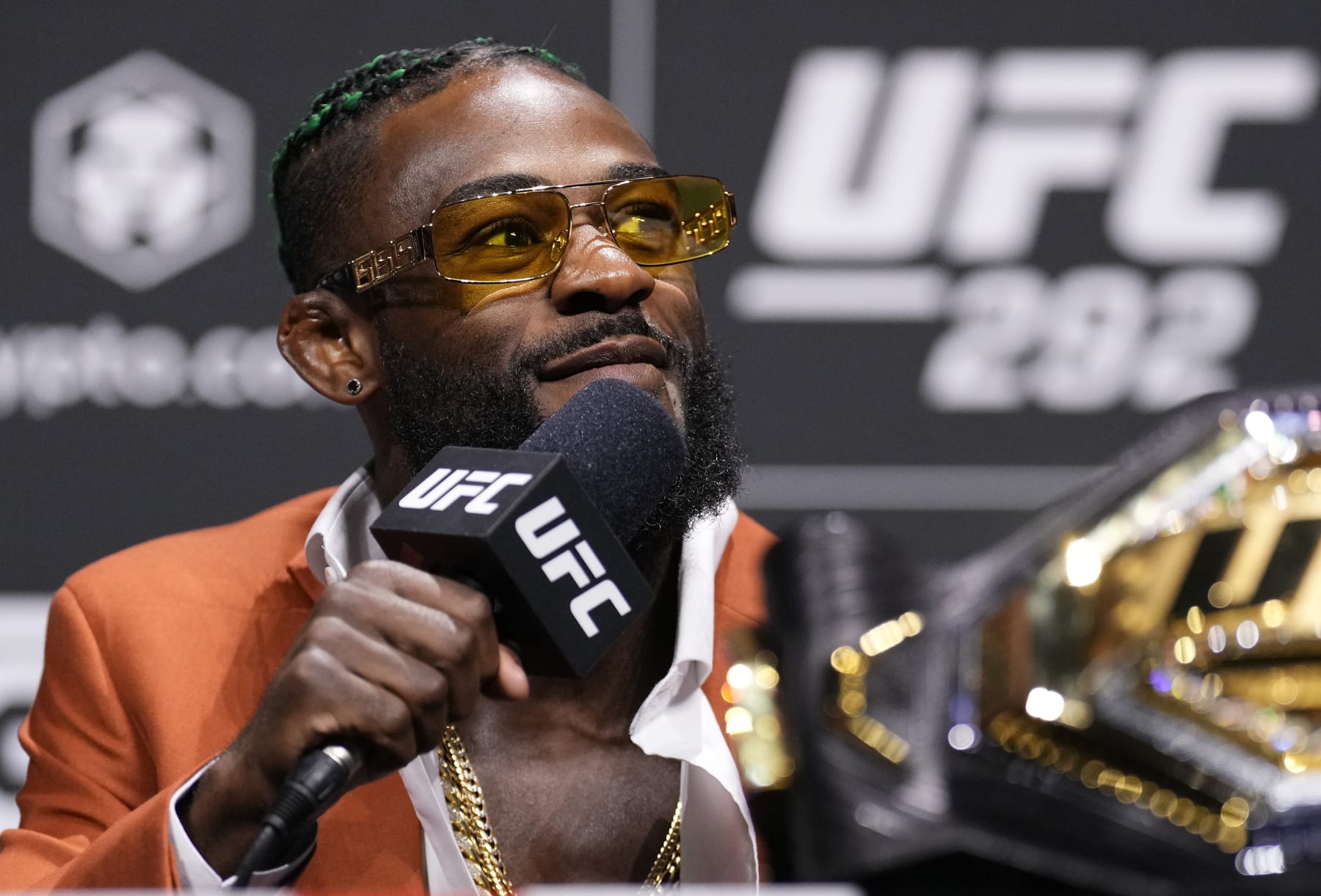 BOSTON, MASSACHUSETTS - AUGUST 17: Aljamain Sterling is seen on stage during the UFC 292 press conference at TD Garden on August 17, 2023 in Boston, Massachusetts. (Photo by Mike Roach/Zuffa LLC via Getty Images)