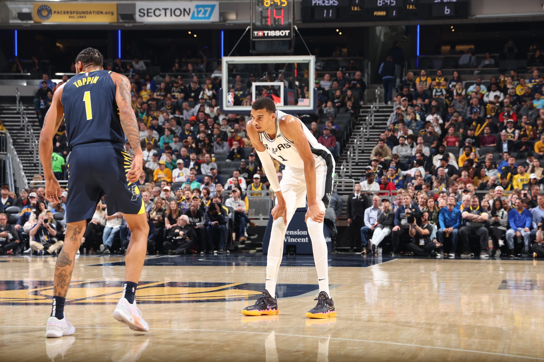 INDIANAPOLIS, IN - NOVEMBER 6: Victor Wembanyama #1 of the San Antonio Spurs looks on during the game against the Indiana Pacers on November 6, 2023 at Gainbridge Fieldhouse in Indianapolis, Indiana. NOTE TO USER: User expressly acknowledges and agrees that, by downloading and or using this Photograph, user is consenting to the terms and conditions of the Getty Images License Agreement. Mandatory Copyright Notice: Copyright 2023 NBAE (Photo by Jeff Haynes/NBAE via Getty Images)
