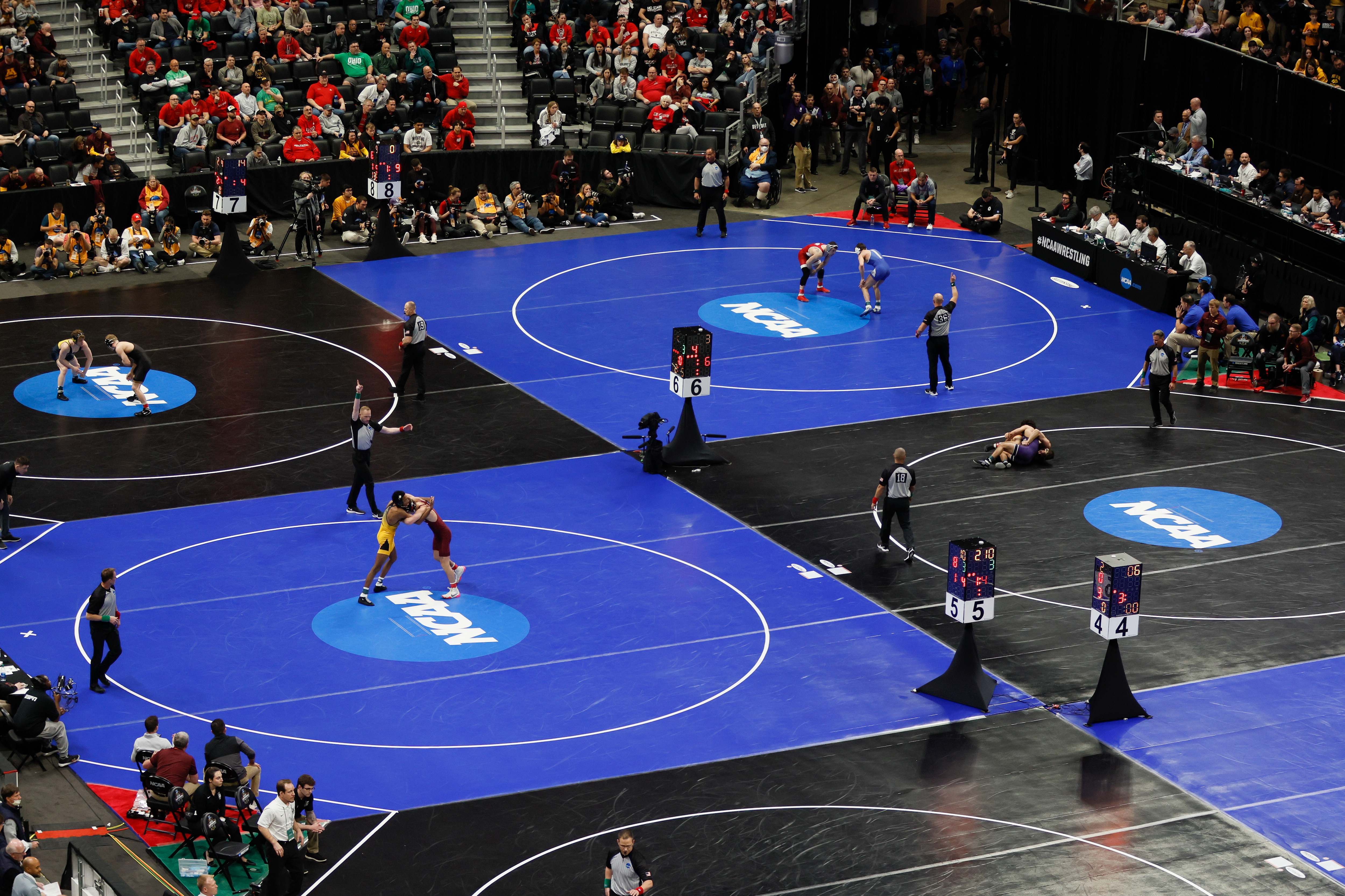 DETROIT, MI - MARCH 17: Wrestlers compete during the Division I Men's Wrestling Championship held at Little Caesars Arena on March 17, 2022 in Detroit, Michigan. (Photo by Jay LaPrete/NCAA Photos/NCAA Photos via Getty Images)
