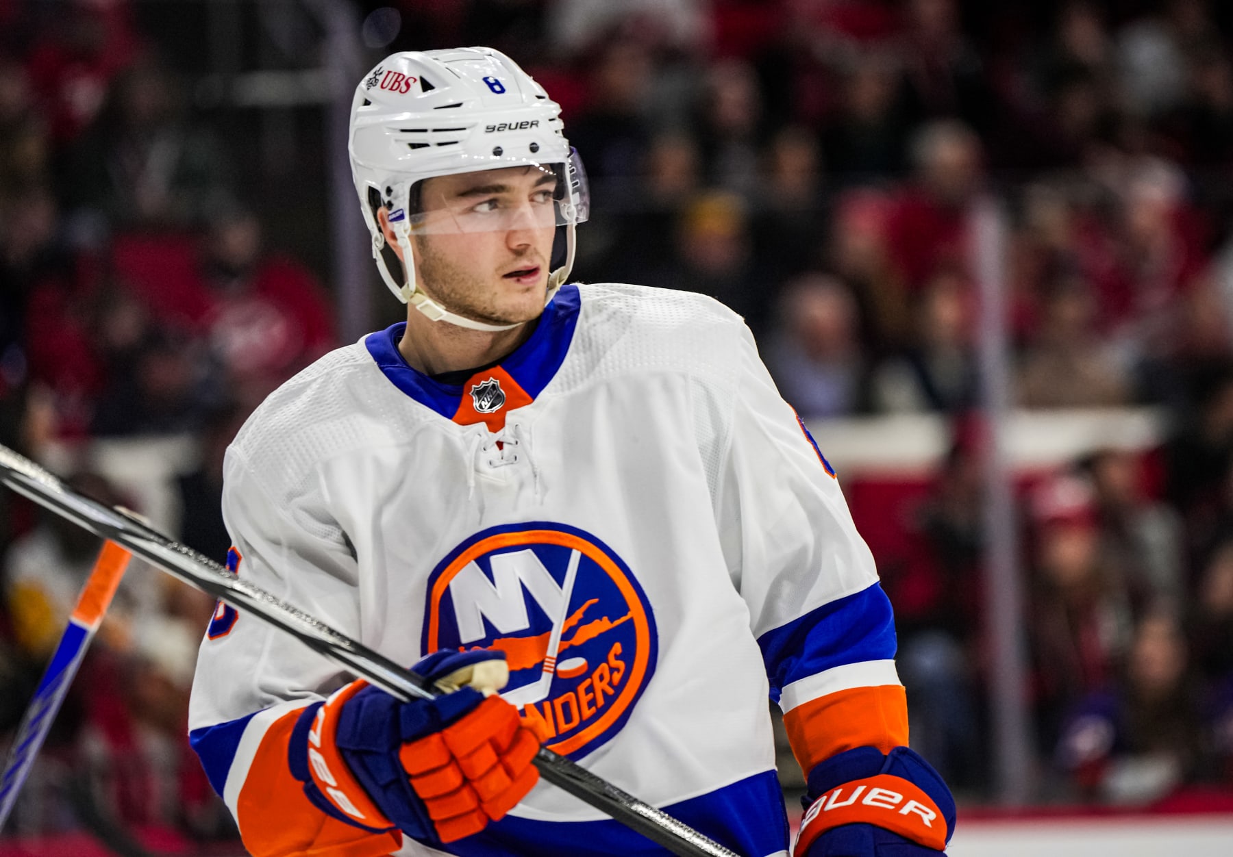 RALEIGH, NORTH CAROLINA - DECEMBER 23: Noah Dobson #8 of the New York Islanders looks on during the first period against the Carolina Hurricanes at PNC Arena on December 23, 2023 in Raleigh, North Carolina. (Photo by Cato Cataldo/NHLI via Getty Images)