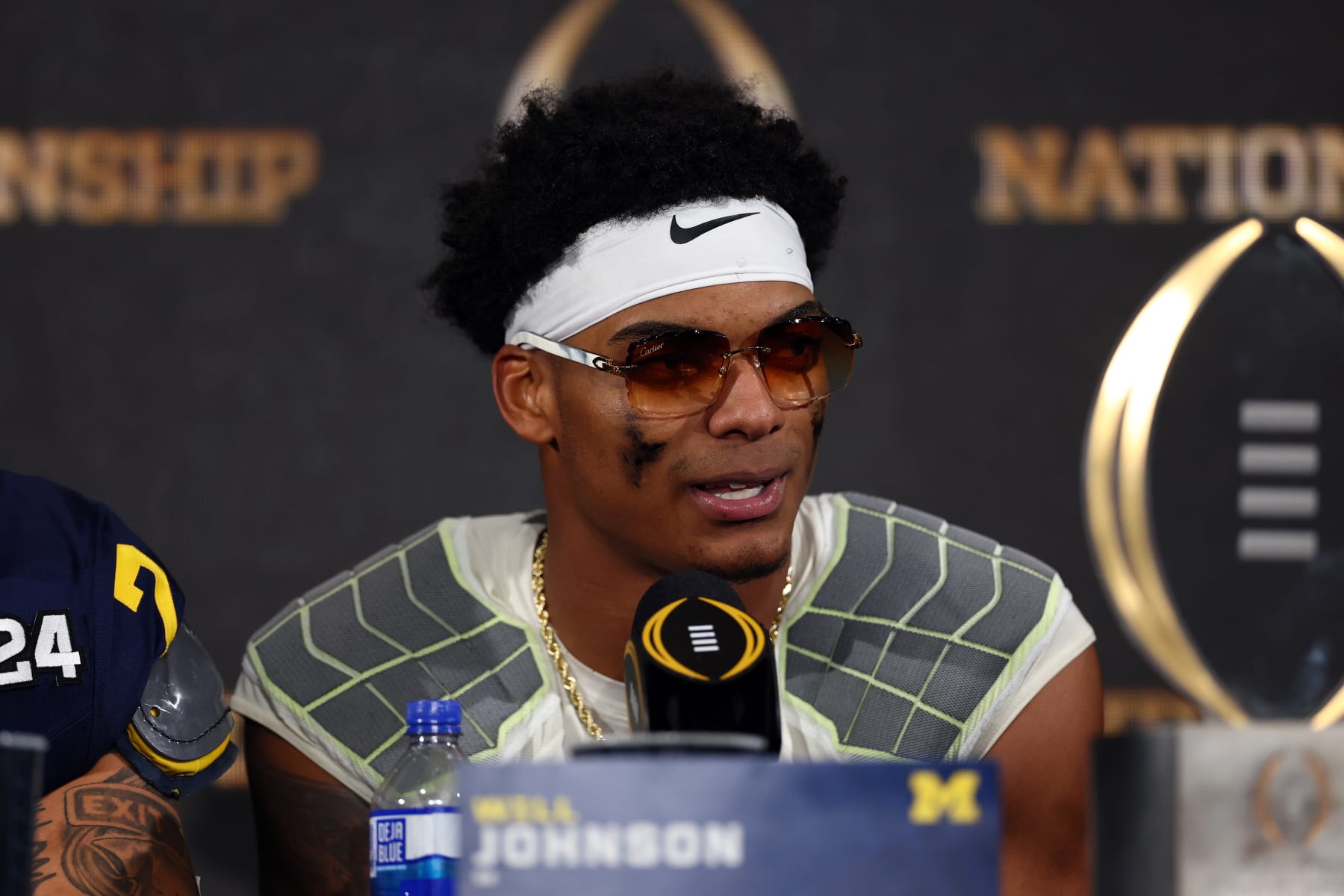 HOUSTON, TEXAS - JANUARY 08: Will Johnson #2 of the Michigan Wolverines answers questions during the press conference after defeating the Washington Huskies during the 2024 CFP National Championship game at NRG Stadium on January 08, 2024 in Houston, Texas. Michigan defeated Washington 34-13. (Photo by Maddie Meyer/Getty Images)