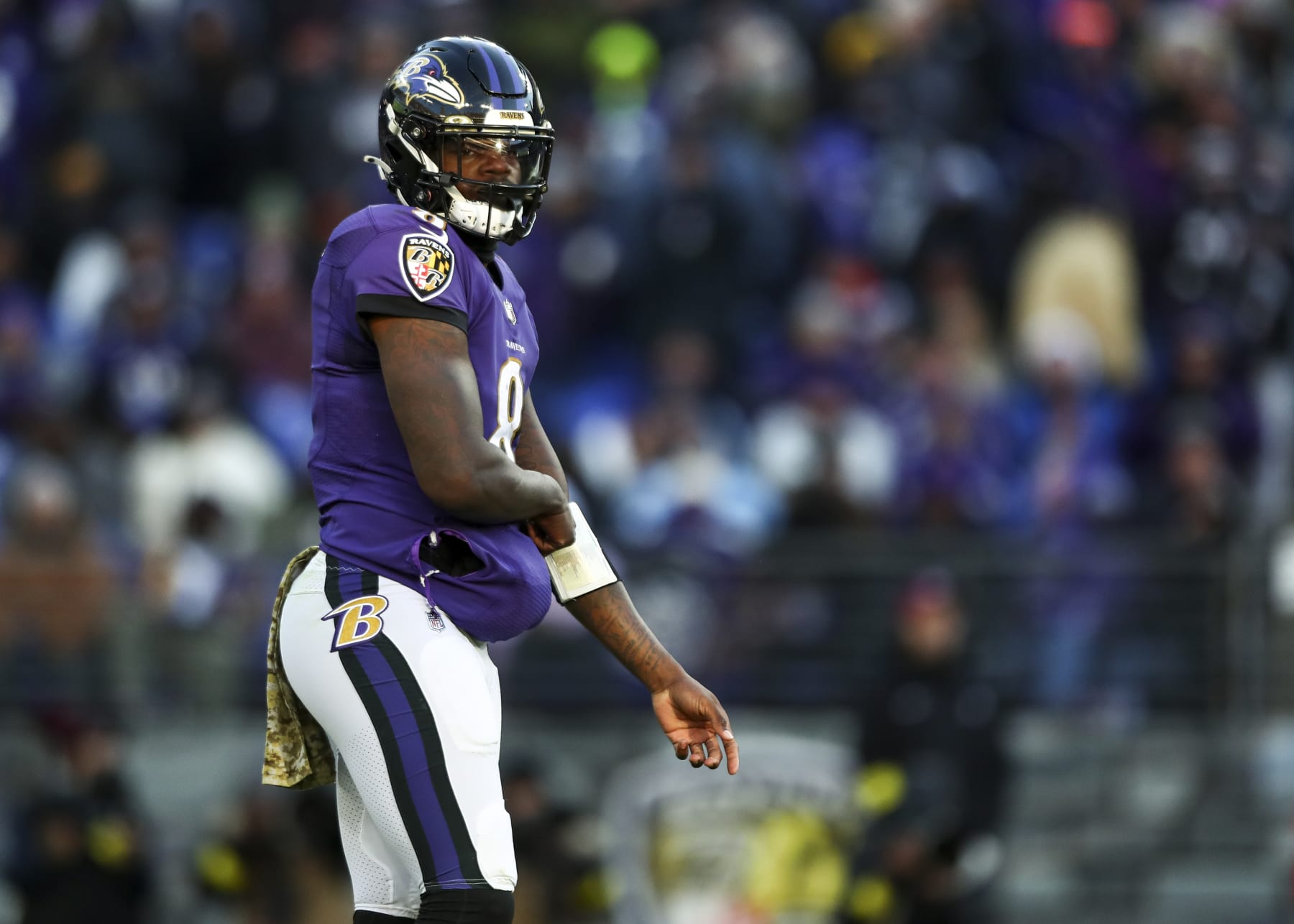 BALTIMORE, MD - NOVEMBER 20: Lamar Jackson #8 of the Baltimore Ravens lines up before a play during the fourth quarter of an NFL football game against the Carolina Panthers at M&T Bank Stadium on November 20, 2022 in Baltimore, Maryland. (Photo by Kevin Sabitus/Getty Images)