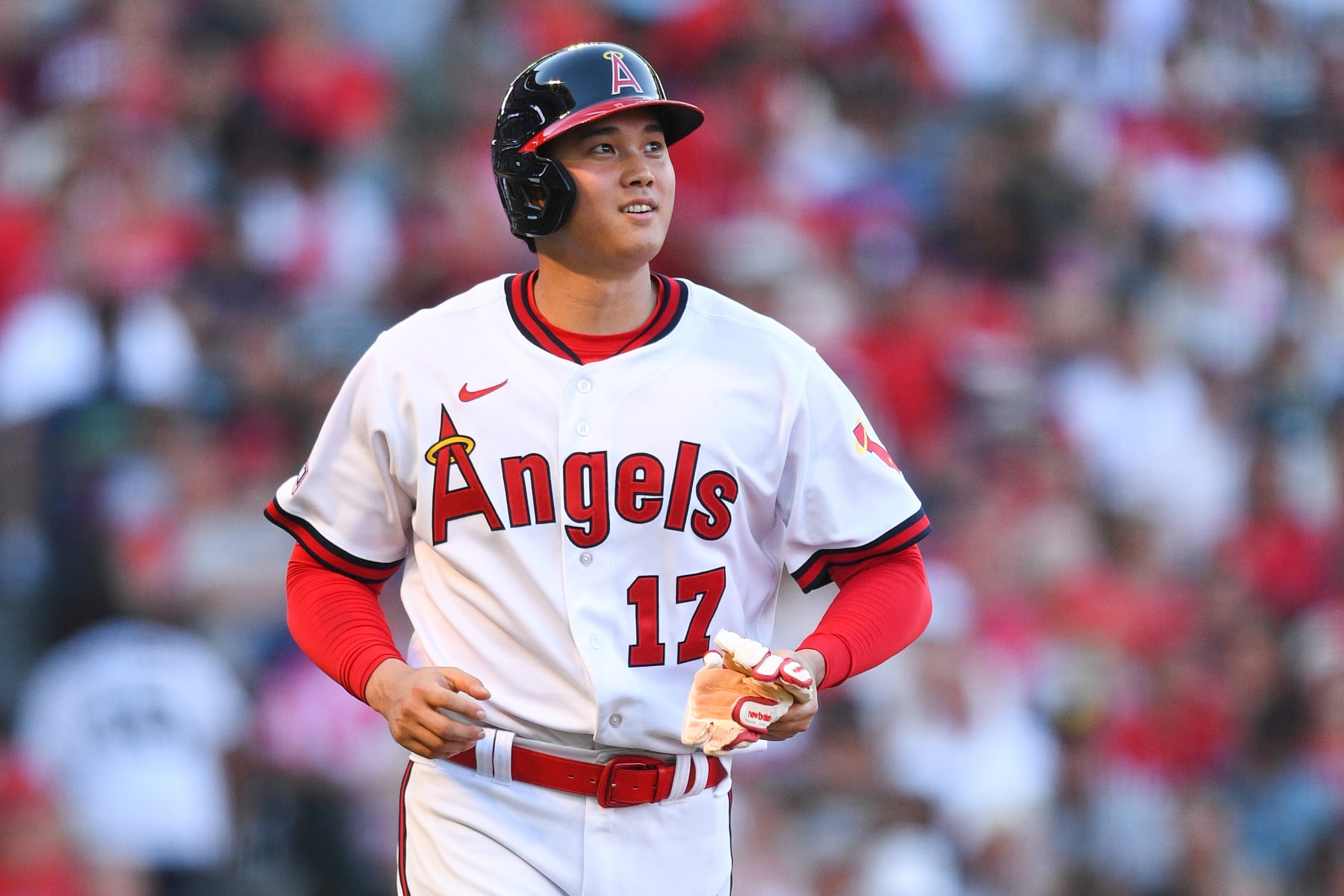 ANAHEIM, CA - JULY 21: Los Angeles Angels Pitcher Shohei Ohtani (17) walks to first base during the MLB game between the Pittsburgh Pirates and the Los Angeles Angels of Anaheim on July 21, 2023 at Angel Stadium of Anaheim in Anaheim, CA. (Photo by Brian Rothmuller/Icon Sportswire via Getty Images)