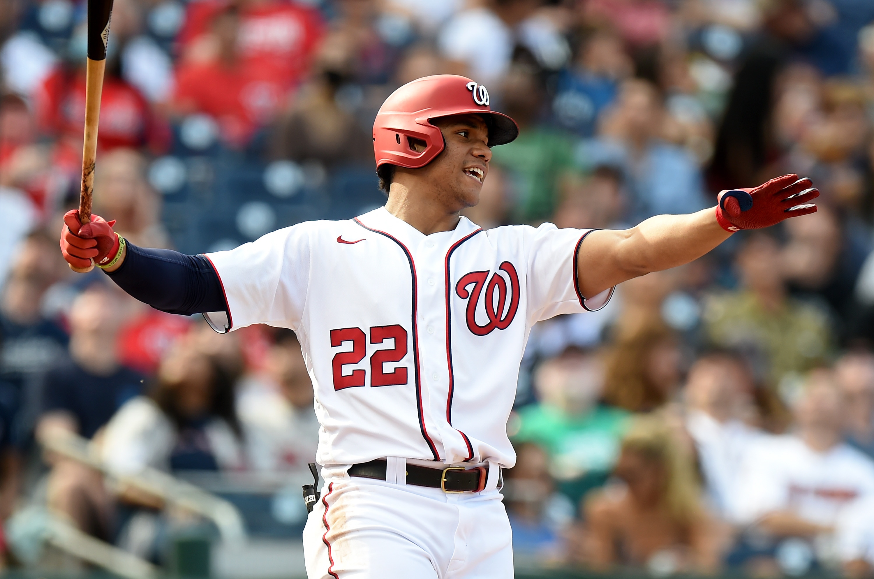 WASHINGTON, DC - OCTOBER 03: Juan Soto #22 of the Washington Nationals bats against the Boston Red Sox at Nationals Park on October 03, 2021 in Washington, DC. (Photo by G Fiume/Getty Images)