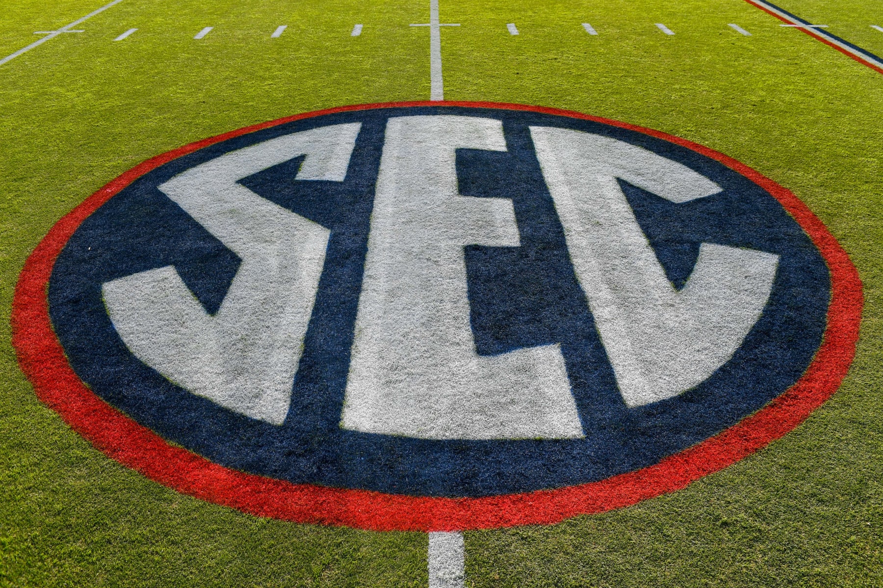 OXFORD, MS - OCTOBER 15: The SEC logo on the field before the start of the college football game between the Auburn Tigers and the Ole Miss Rebels on October 15, 2022 at Vaught-Hemingway Stadium in Oxford, MS. (Photo by Kevin Langley/Icon Sportswire via Getty Images)
