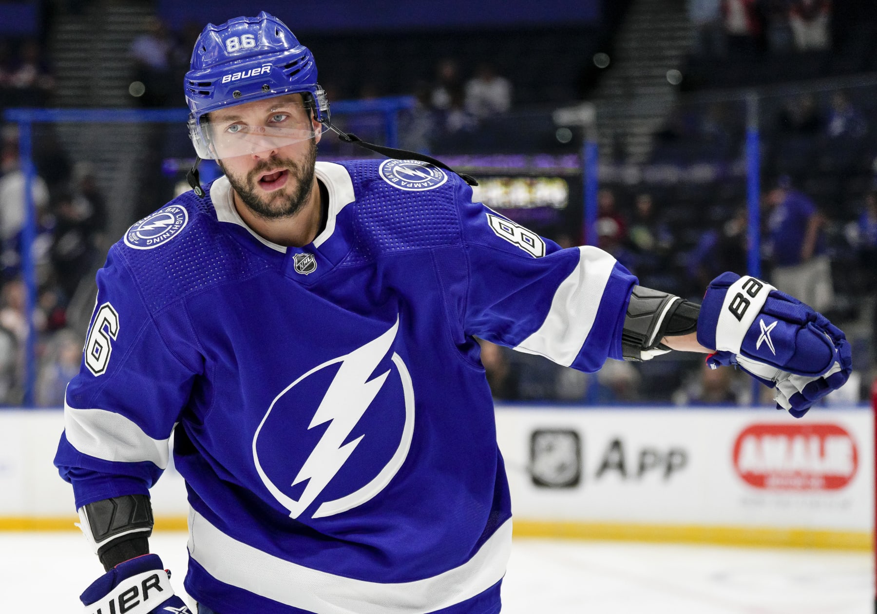 TAMPA, FL - OCTOBER 22: Tampa Bay Lightning right wing Nikita Kucherov (86) during warm ups of  the NHL Hockey match between the Tampa Bay Lightning and New York Islanders on October 22, 2022 at Amalie Arena in Tampa, FL. (Photo by Andrew Bershaw/Icon Sportswire via Getty Images)