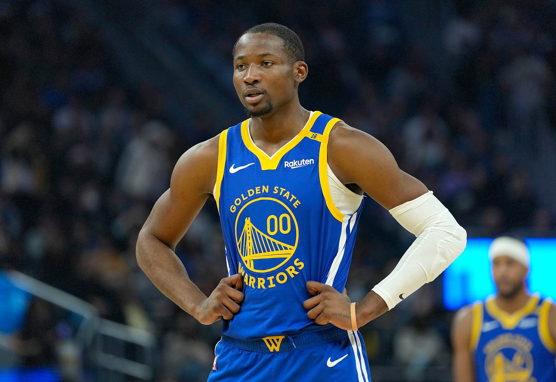 SAN FRANCISCO, CALIFORNIA - DECEMBER 23: Jonathan Kuminga #00 of the Golden State Warriors looks on against the Indiana Pacers during the first half of an NBA basketball game at Chase Center on December 23, 2024 in San Francisco, California. NOTE TO USER: User expressly acknowledges and agrees that, by downloading and or using this photograph, User is consenting to the terms and conditions of the Getty Images License Agreement. (Photo by Thearon W. Henderson/Getty Images)