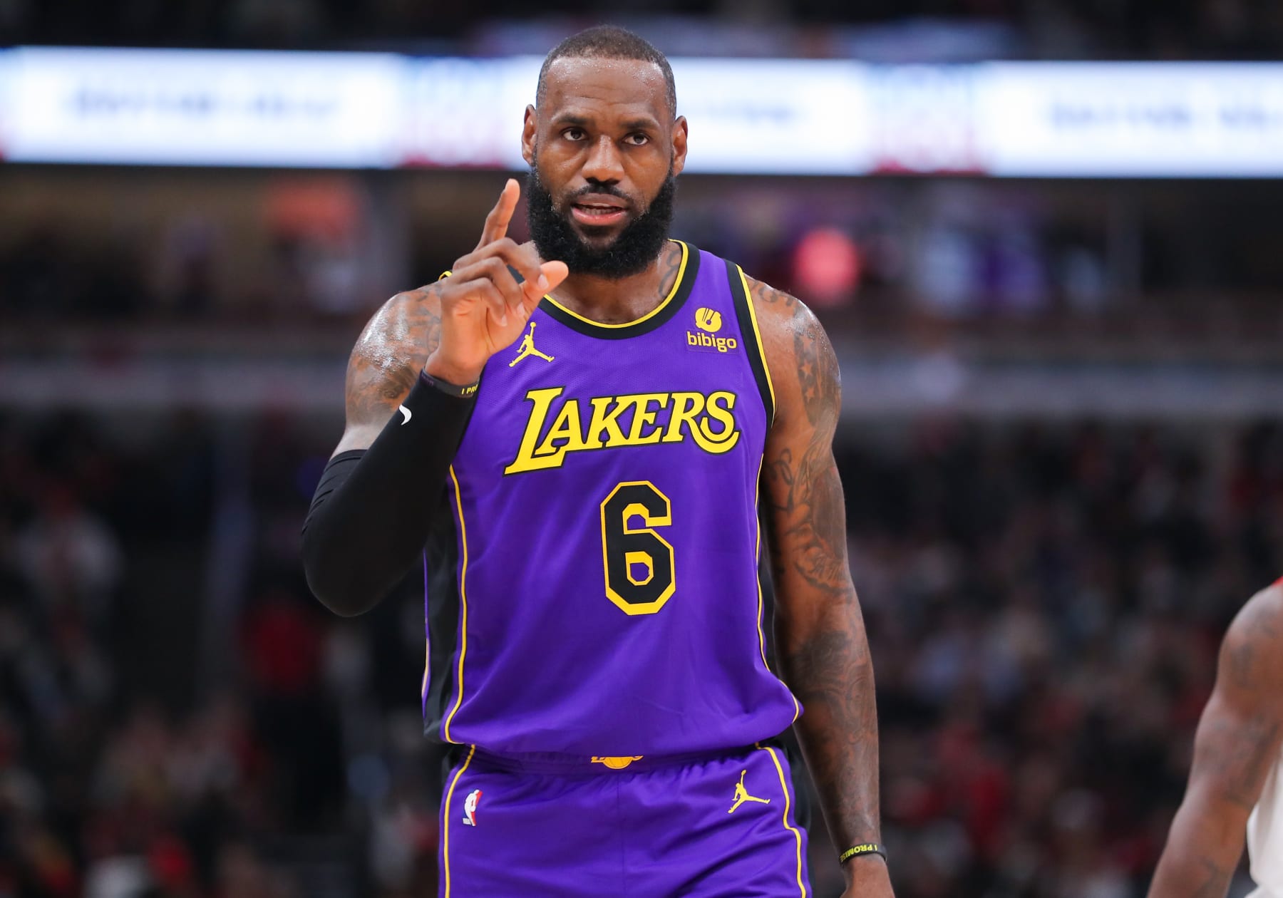 CHICAGO, IL - MARCH 29: Los Angeles Lakers forward LeBron James (6) looks on during a NBA game between the Los Angeles Lakers and the Chicago Bulls on March 29, 2023 at the United Center in Chicago, IL. (Photo by Melissa Tamez/Icon Sportswire via Getty Images)