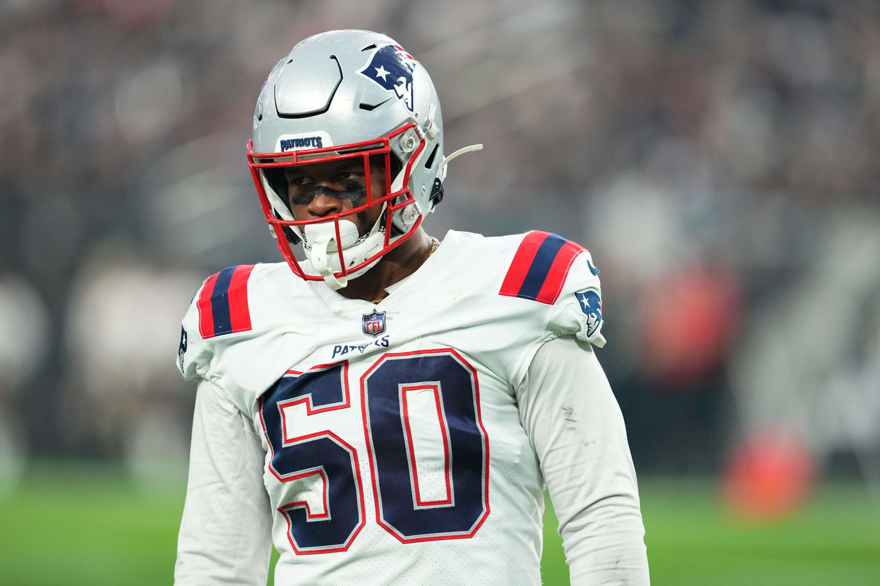 LAS VEGAS, NEVADA - DECEMBER 18:  Linebacker Raekwon McMillan #50 of the New England Patriots looks on during the second half of a game against the Las Vegas Raiders at Allegiant Stadium on December 18, 2022 in Las Vegas, Nevada. (Photo by Chris Unger/Getty Images)