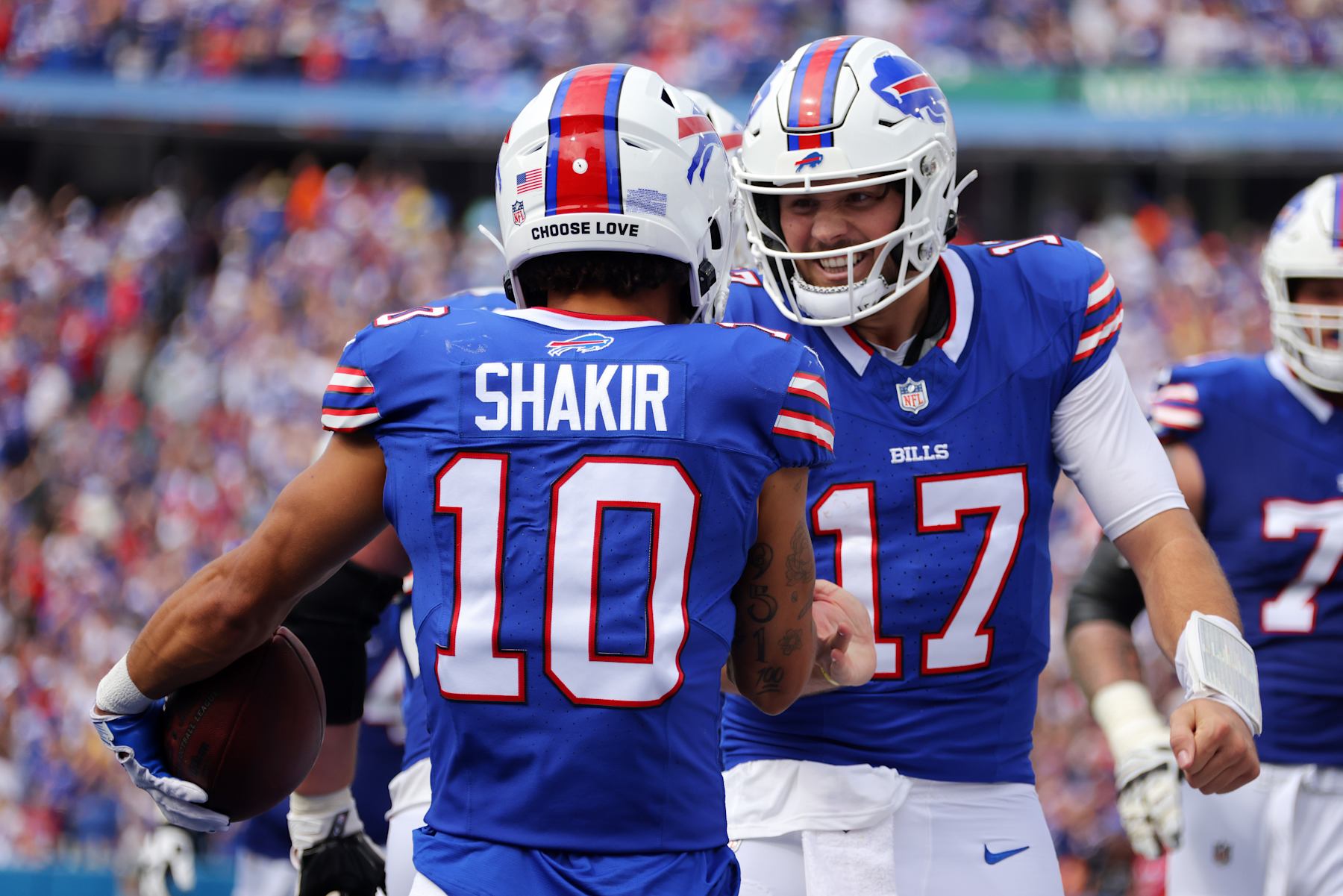 ORCHARD PARK, NEW YORK - SEPTEMBER 17: Khalil Shakir #10 of the Buffalo Bills celebrates with Josh Allen #17 of the Buffalo Bills after Shakir's touchdown during the second quarter against the Las Vegas Raiders at Highmark Stadium on September 17, 2023 in Orchard Park, New York. (Photo by Timothy T Ludwig/Getty Images)
