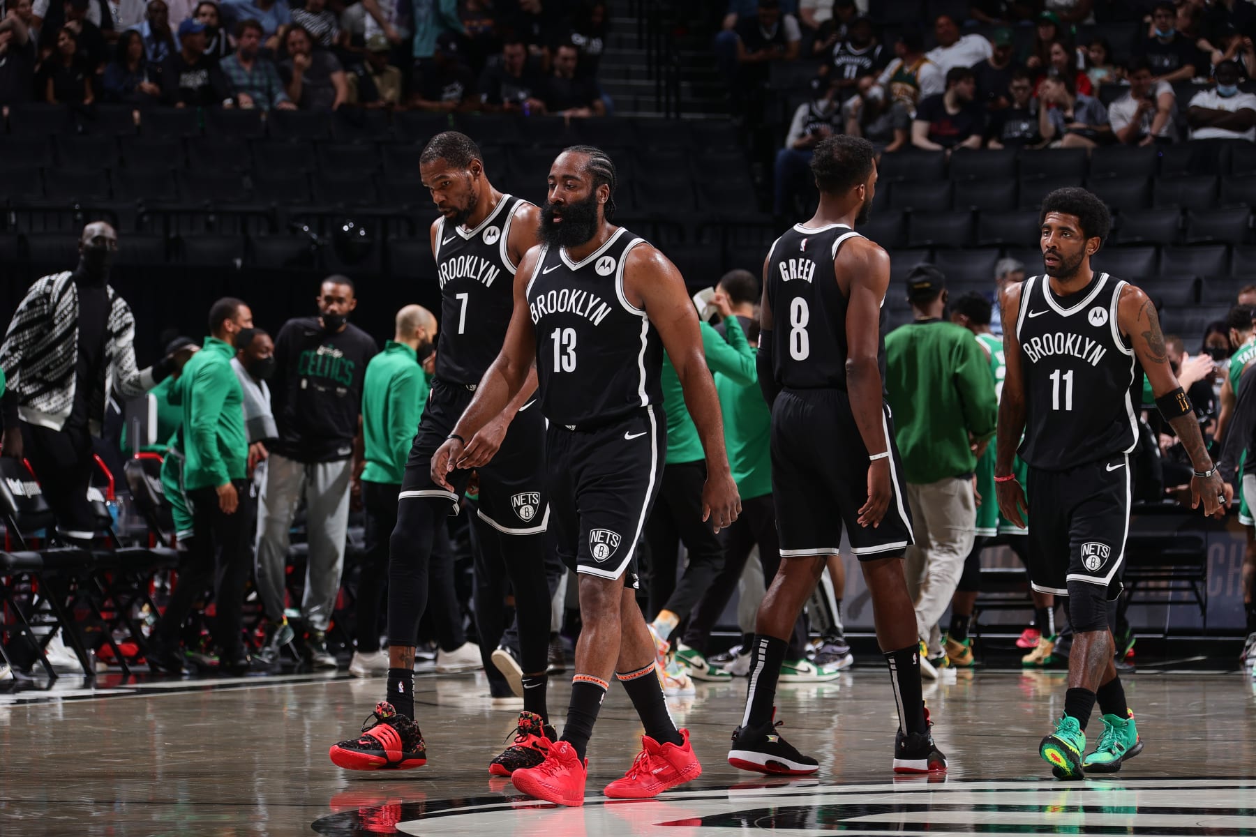BROOKLYN, NY -  MAY 22: Kevin Durant #7, James Harden #13, Jeff Green #8, Kyrie Irving #11 of the Brooklyn Nets look on during Round 1, Game 1 of the 2021 NBA Playoffs on May 22, 2021 at Barclays Center in Brooklyn, New York. NOTE TO USER: User expressly acknowledges and agrees that, by downloading and or using this Photograph, user is consenting to the terms and conditions of the Getty Images License Agreement. Mandatory Copyright Notice: Copyright 2021 NBAE (Photo by Nathaniel S. Butler/NBAE via Getty Images)
