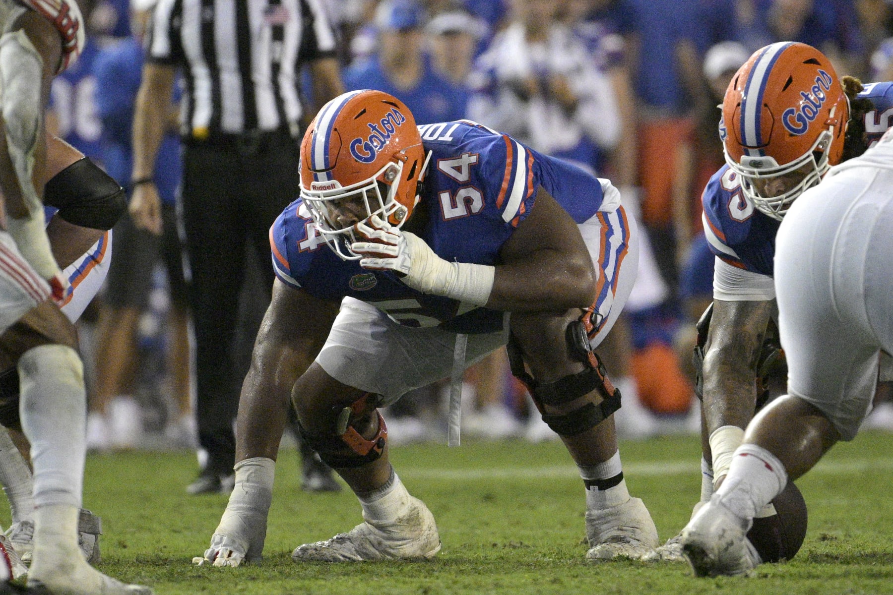 Florida offensive lineman O'Cyrus Torrence (54) sets up to block during the second half of an NCAA college football game against Utah, Saturday, Sept. 3, 2022, in Gainesville, Fla. (AP Photo/Phelan M. Ebenhack)