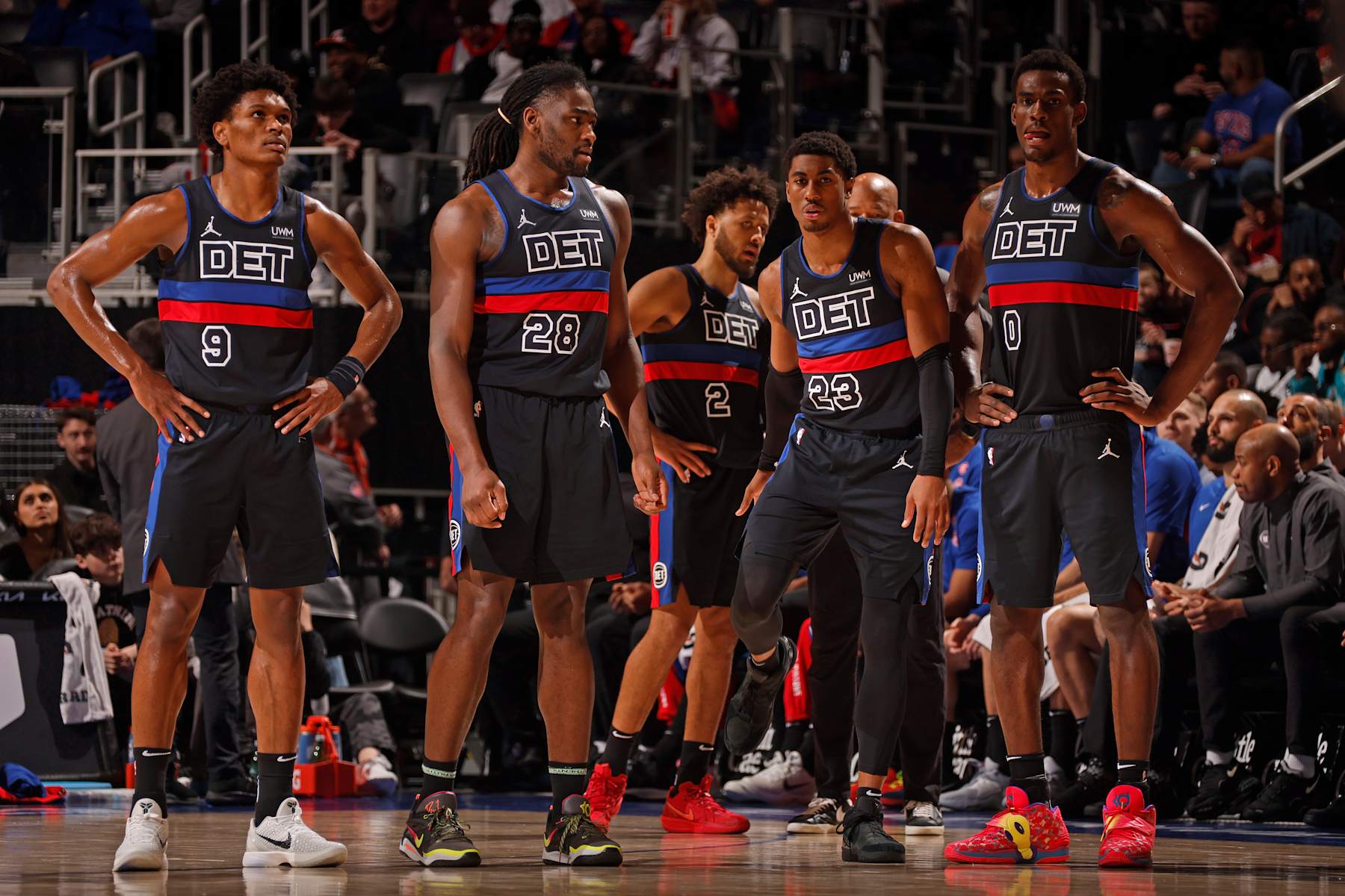 DETROIT, MI - MARCH 1: Ausar Thompson #9, Isaiah Stewart #28, Jaden Ivey #23, Jalen Duren #0 of the Detroit Pistons looks on during the game against the Cleveland Cavaliers on March 1, 2024 at Little Caesars Arena in Detroit, Michigan. NOTE TO USER: User expressly acknowledges and agrees that, by downloading and/or using this photograph, User is consenting to the terms and conditions of the Getty Images License Agreement. Mandatory Copyright Notice: Copyright 2024 NBAE (Photo by Brian Sevald/NBAE via Getty Images)