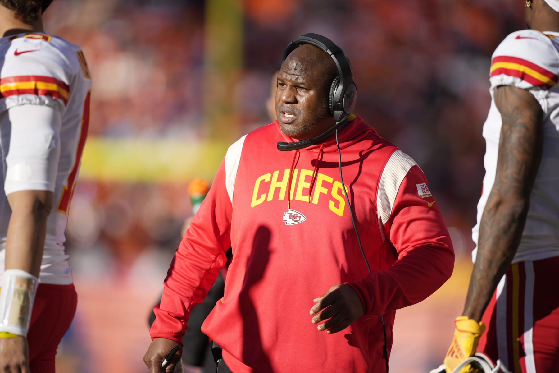 Kansas City Chiefs offensive coordinator Eric Bieniemy in the first half of an NFL football game Sunday, Dec. 11, 2022, in Denver. (AP Photo/David Zalubowski)