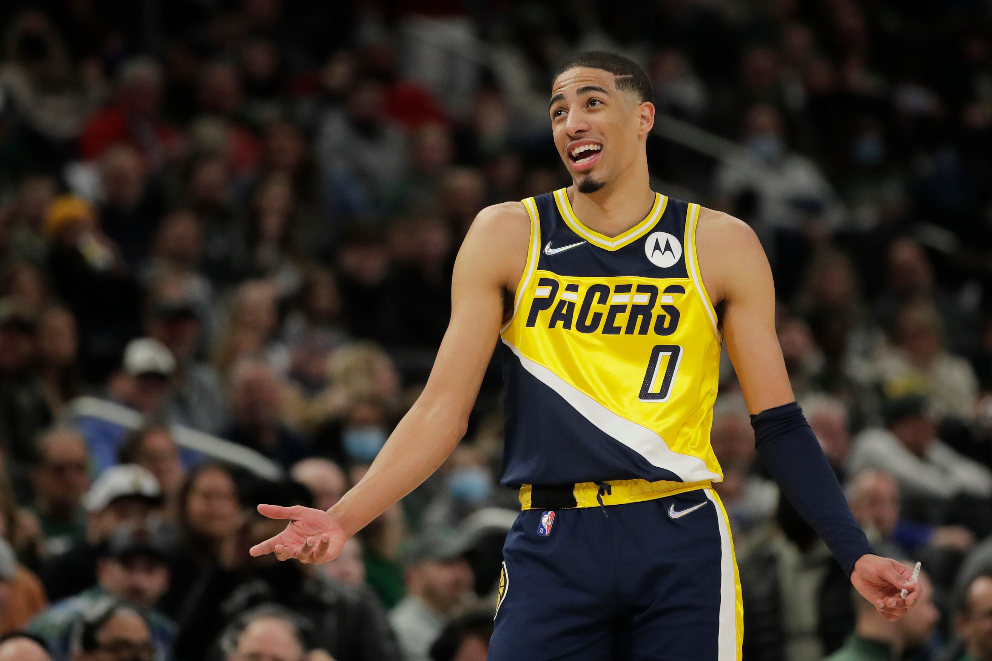 Indiana Pacers' Tyrese Haliburton reacts during the second half of an NBA basketball game against the Milwaukee Bucks Tuesday, Feb. 15, 2022, in Milwaukee. (AP Photo/Aaron Gash)