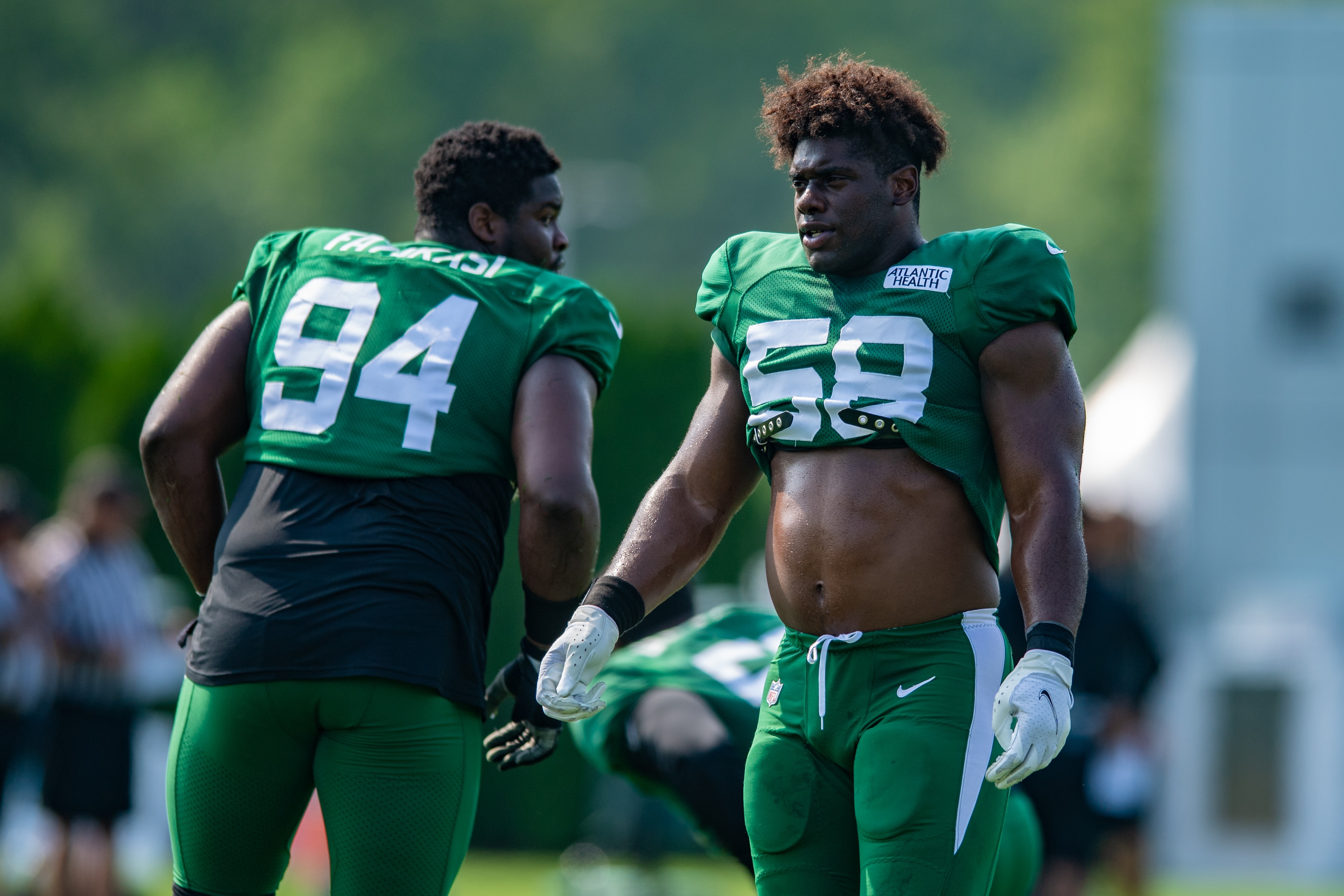 FLORHAM PARK, NJ - AUGUST 10: New York Jets defensive end Carl Lawson (58) during New York Jets training camp on August 10, 2021 at the Atlantic Health Training Center in Florham Park, NJ  (Photo by John Jones/Icon Sportswire via Getty Images)
