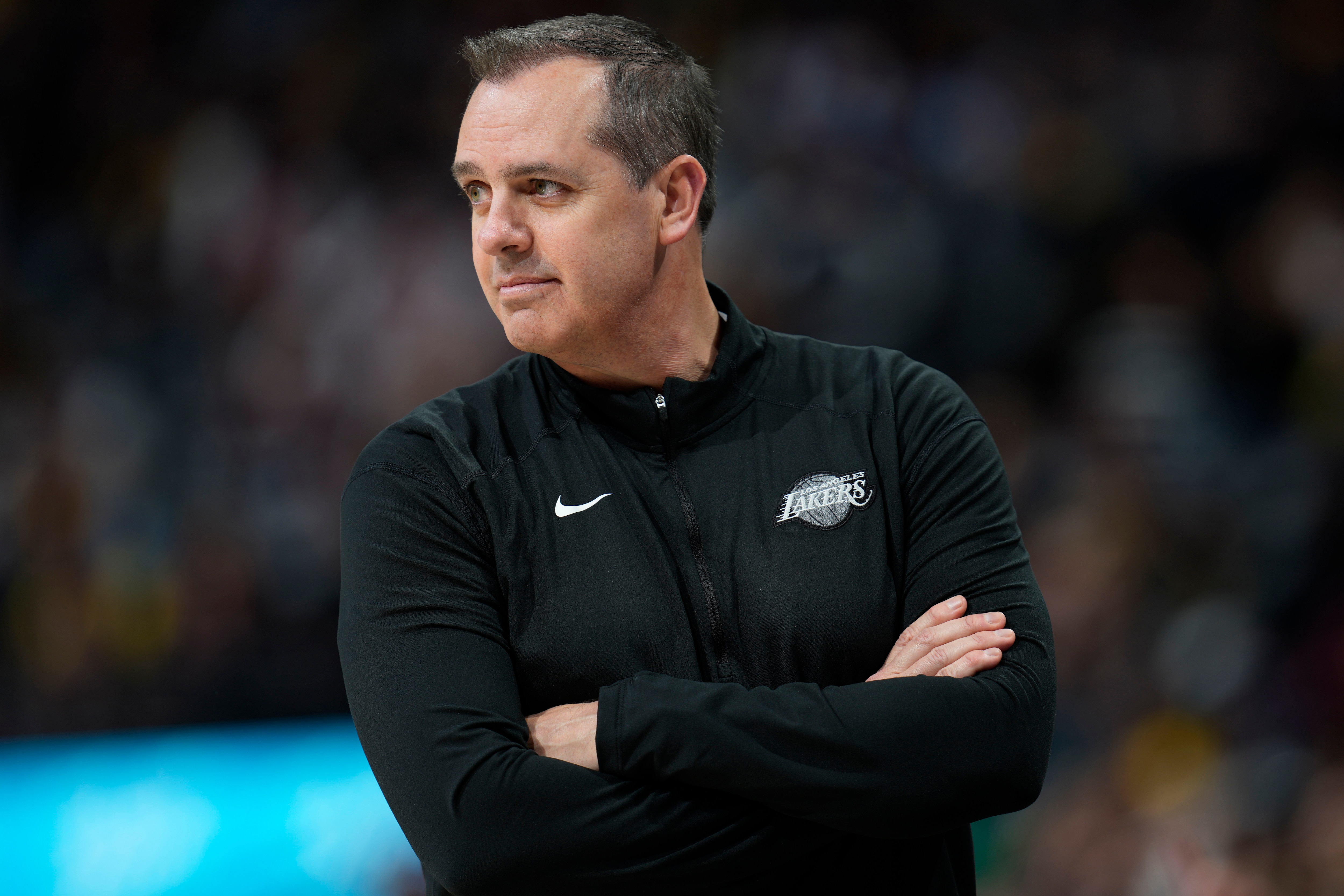 Los Angeles Lakers head coach Frank Vogel in the first half of an basketball game Sunday, April 10, 2022, in Denver. (AP Photo/David Zalubowski) Los Angeles Lakers head coach Frank Vogel in the first half of an basketball game Sunday, April 10, 2022, in Denver. (AP Photo/David Zalubowski)