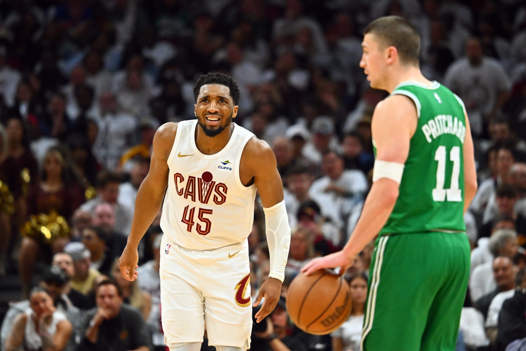 CLEVELAND, OHIO - MAY 11: Donovan Mitchell #45 of the Cleveland Cavaliers reacts during the fourth quarter of game three of the Eastern Conference Second Round Playoffs against the Boston Celtics at Rocket Mortgage Fieldhouse on May 11, 2024 in Cleveland, Ohio. The Celtics defeated the Cavaliers 106-93. NOTE TO USER: User expressly acknowledges and agrees that, by downloading and or using this photograph, User is consenting to the terms and conditions of the Getty Images License Agreement. (Photo by Jason Miller/Getty Images)