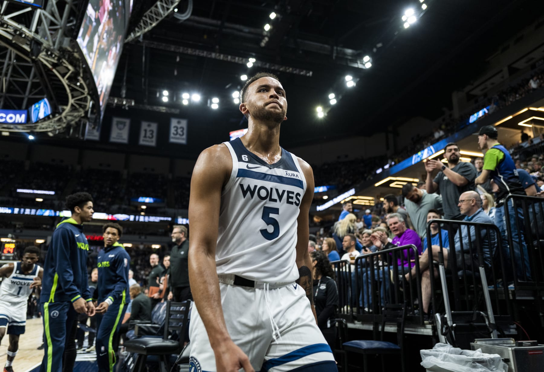 MINNEAPOLIS, MN - APRIL 09: Kyle Anderson #5 of the Minnesota Timberwolves heads to the locker room after the first half of the game against the New Orleans Pelicans at Target Center on April 9, 2023 in Minneapolis, Minnesota. (Photo by Stephen Maturen/Getty Images) NOTE TO USER: User expressly acknowledges and agrees that, by downloading and or using this photograph, User is consenting to the terms and conditions of the Getty Images License Agreement.