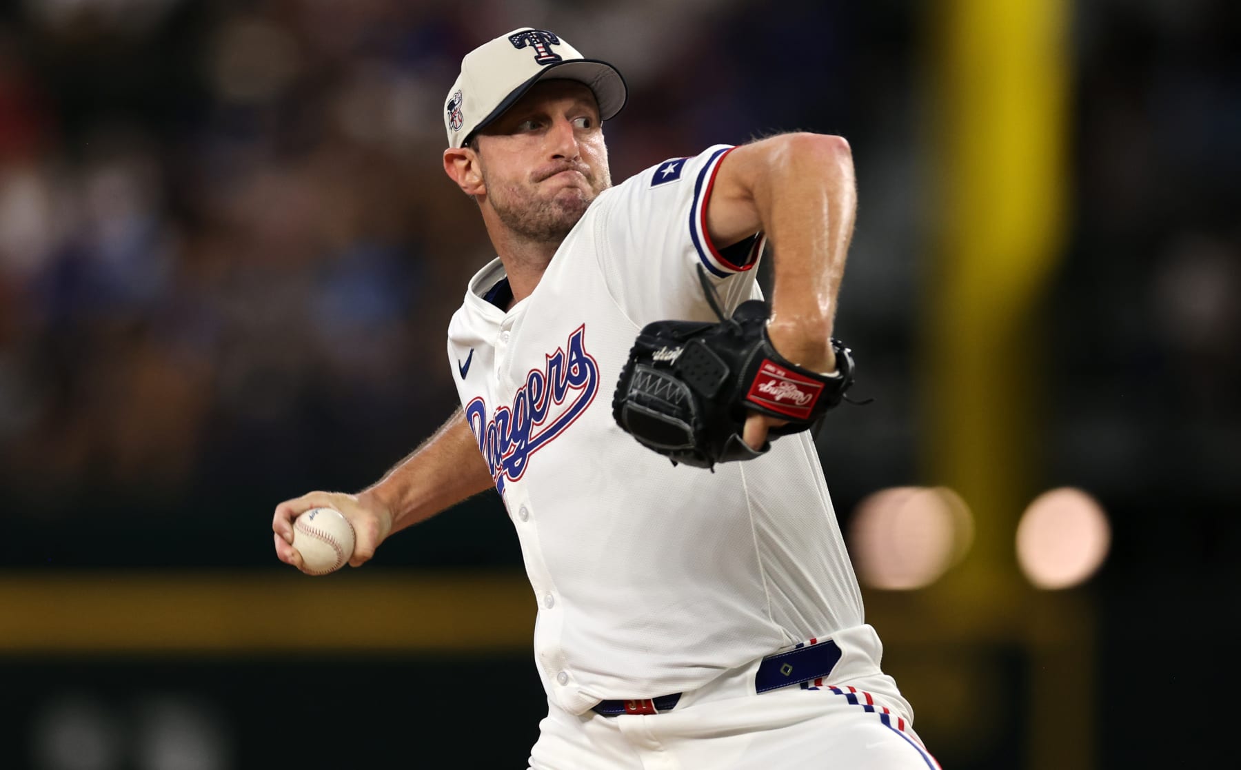 ARLINGTON, TX - JULY 4: Max Scherzer #31 of the Texas Rangers pitches against the San Diego Padres during the second inning at Globe Life Field on July 4, 2024 in Arlington, Texas. (Photo by Ron Jenkins/Getty Images)