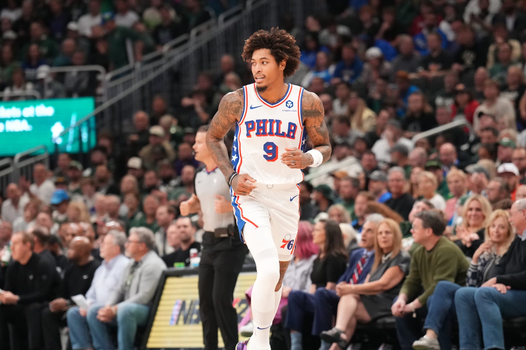 MILWAUKEE, WI - OCTOBER 26: Kelly Oubre Jr. #9 of the Philadelphia 76ers looks on during the game against the Milwaukee Bucks on October 26, 2023 at the Fiserv Forum Center in Milwaukee, Wisconsin. NOTE TO USER: User expressly acknowledges and agrees that, by downloading and or using this Photograph, user is consenting to the terms and conditions of the Getty Images License Agreement. Mandatory Copyright Notice: Copyright 2023 NBAE (Photo by Jesse D. Garrabrant/NBAE via Getty Images).