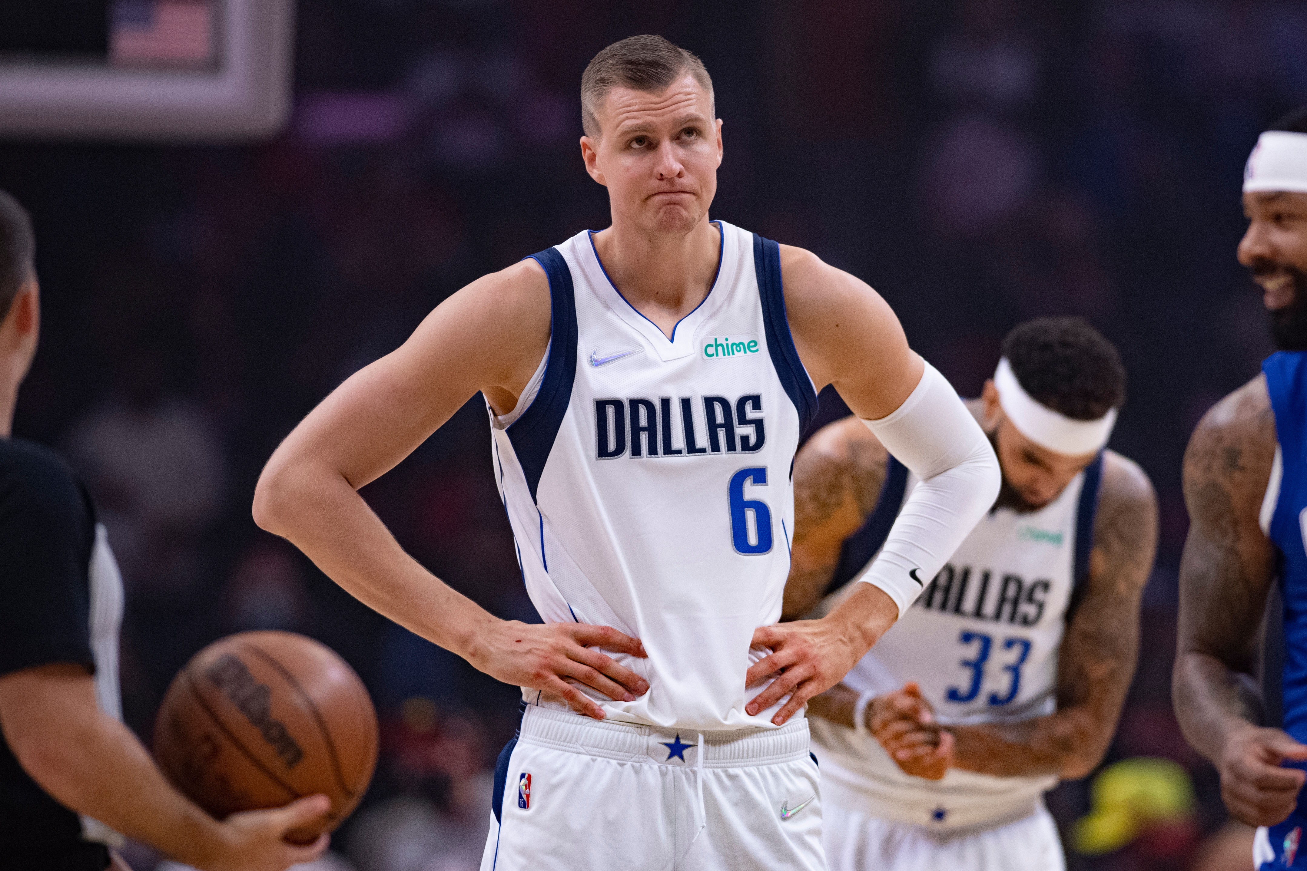 Dallas Mavericks center Kristaps Porzingis (6) while playing the Los Angeles Clippers in an NBA basketball game, Tuesday, Nov. 23, 2021, in Los Angeles. (AP Photo/John McCoy)