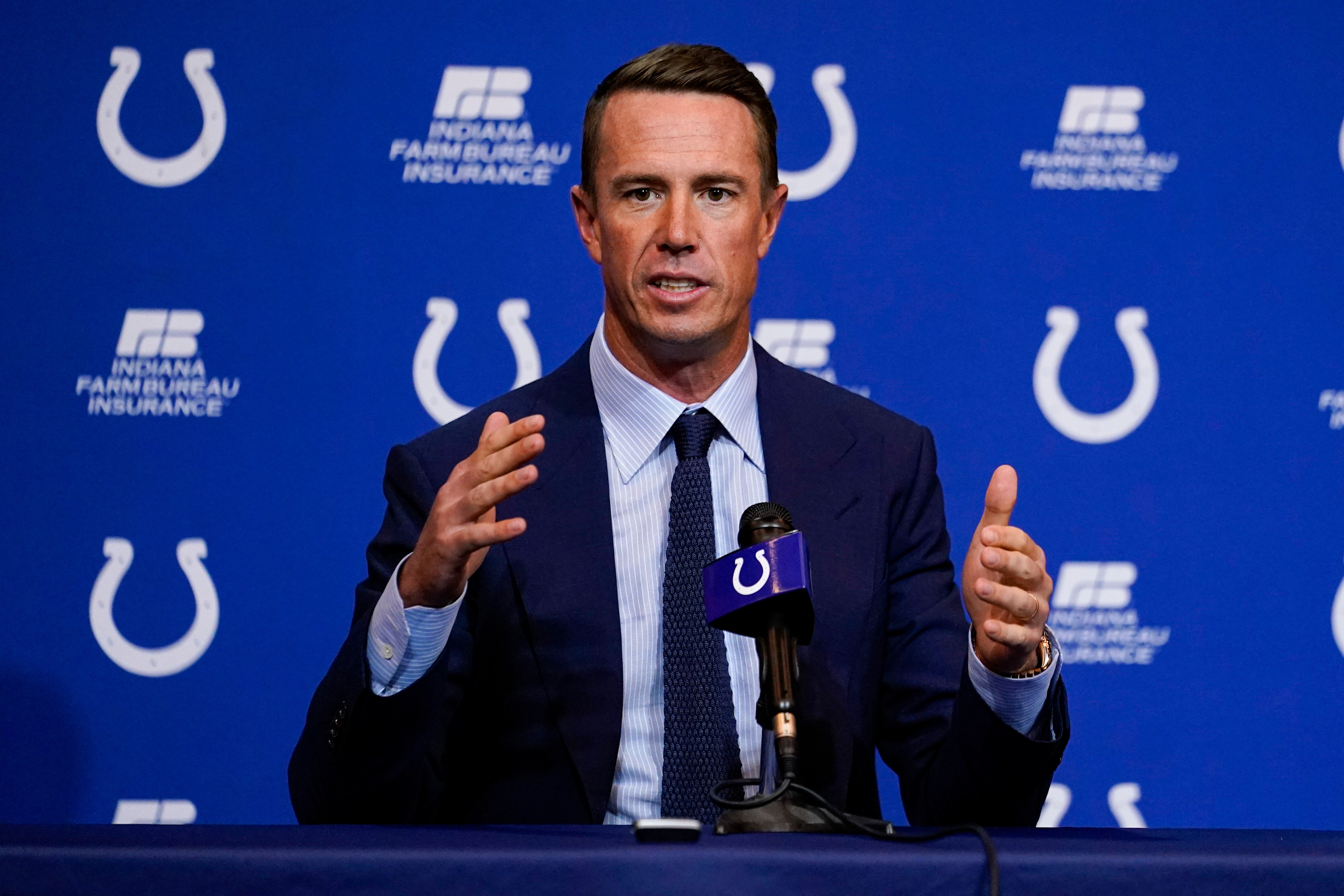 Indianapolis Colts quarterback Matt Ryan speaks during a news conference at the NFL team's practice facility in Indianapolis, Tuesday, March 22, 2022. (AP Photo/Michael Conroy)
