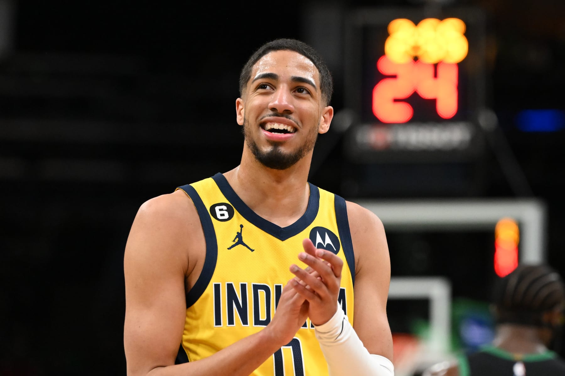 BOSTON, MASSACHUSETTS - MARCH 24: Tyrese Haliburton #0 of the Indiana Pacers reacts during a timeout in the first quarter of a game against the Boston Celtics at the TD Garden on March 24, 2023 in Boston, Massachusetts. NOTE TO USER: User expressly acknowledges and agrees that, by downloading and or using this photograph, User is consenting to the terms and conditions of the Getty Images License Agreement. (Photo by Brian Fluharty/Getty Images)