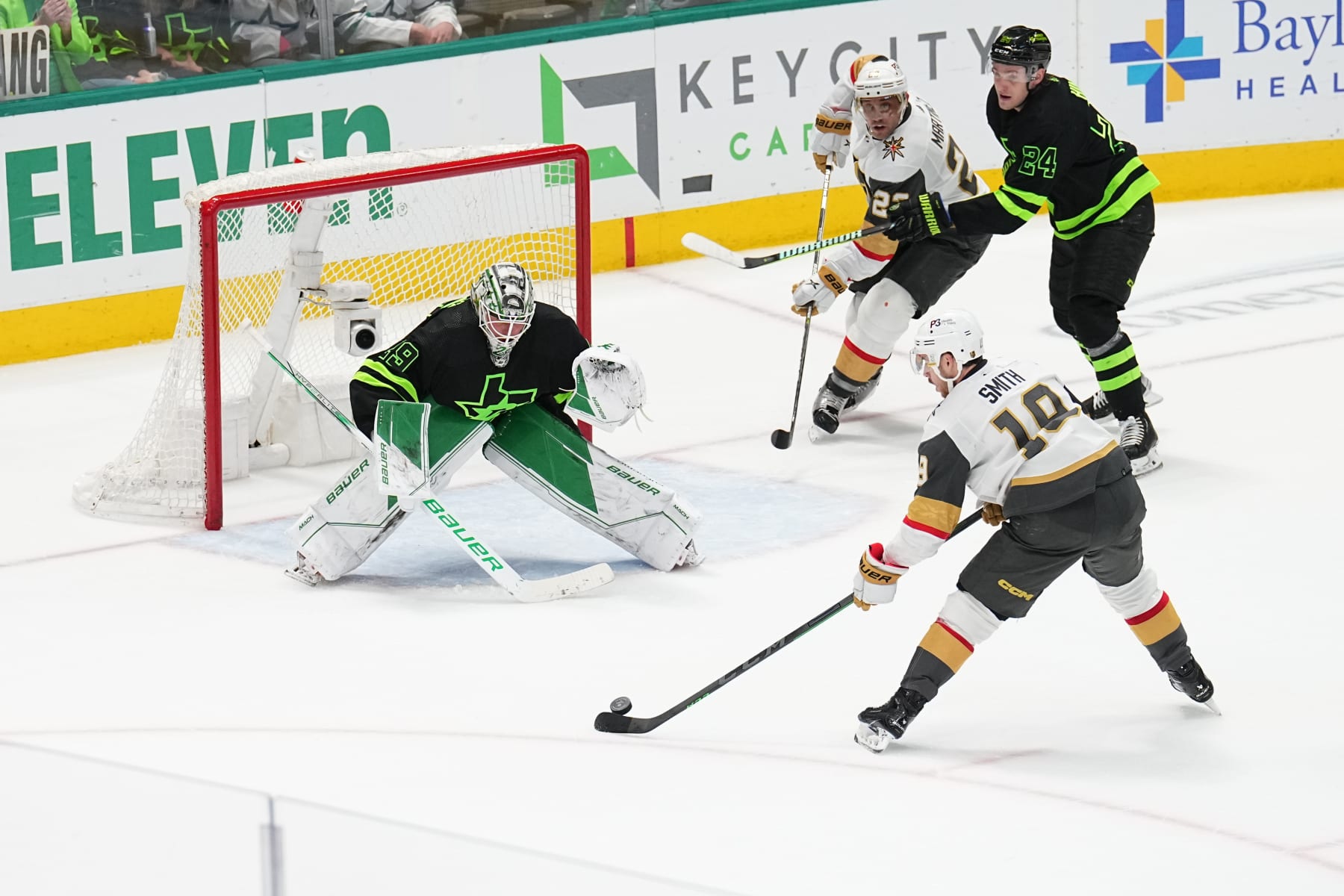 DALLAS, TX - APRIL 8: Jake Oettinger #29 of the Dallas Stars tends goal against the Vegas Golden Knights at the American Airlines Center on April 8, 2023 in Dallas, Texas. (Photo by Glenn James/NHLI via Getty Images)