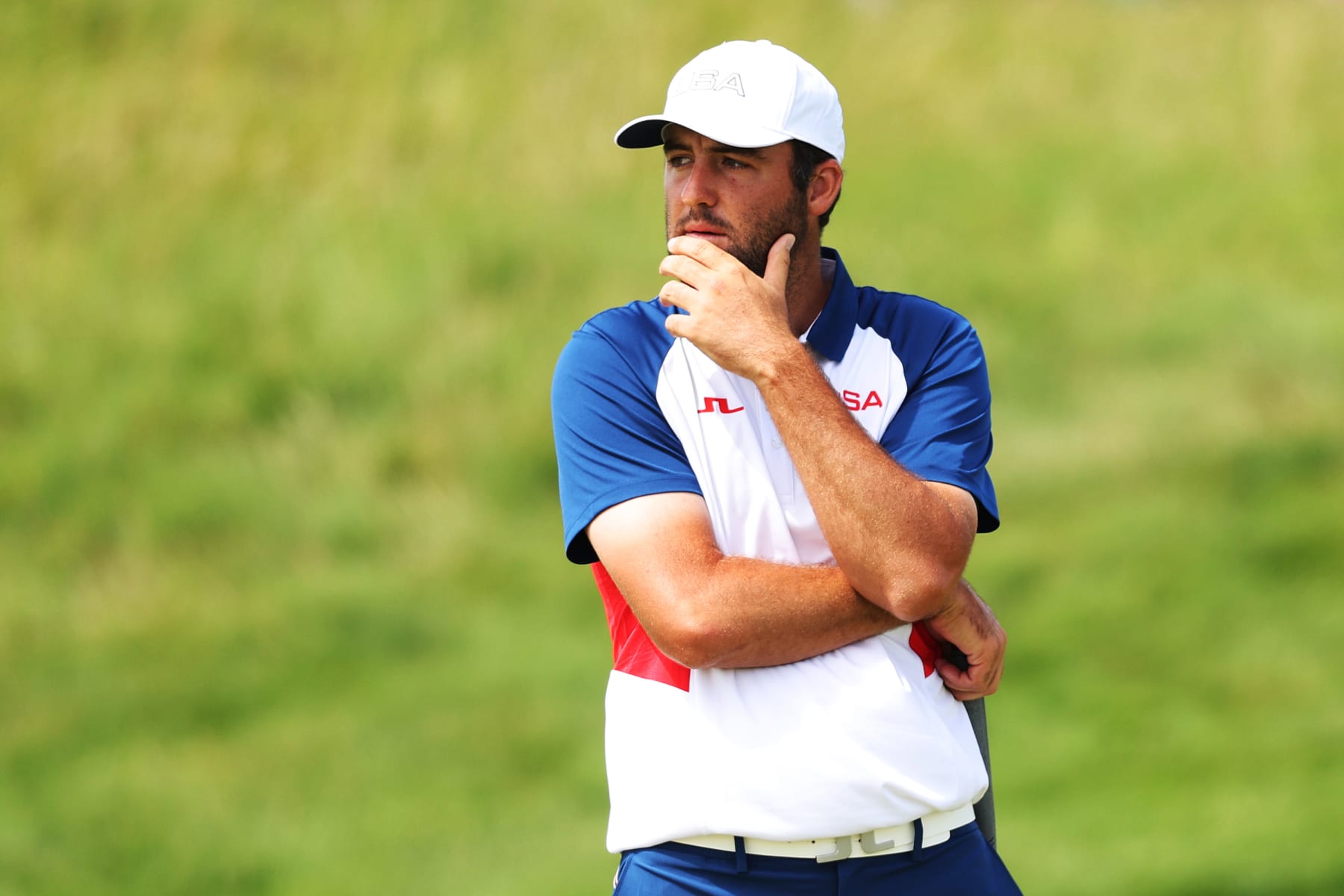 PARIS, FRANCE - AUGUST 04: Scottie Scheffler of Team United States reacts on the sixth green during Day Four of the Men's Individual Stroke Play on day nine of the Olympic Games Paris 2024 at Le Golf National on August 04, 2024 in Paris, France. (Photo by Kevin C. Cox/Getty Images)