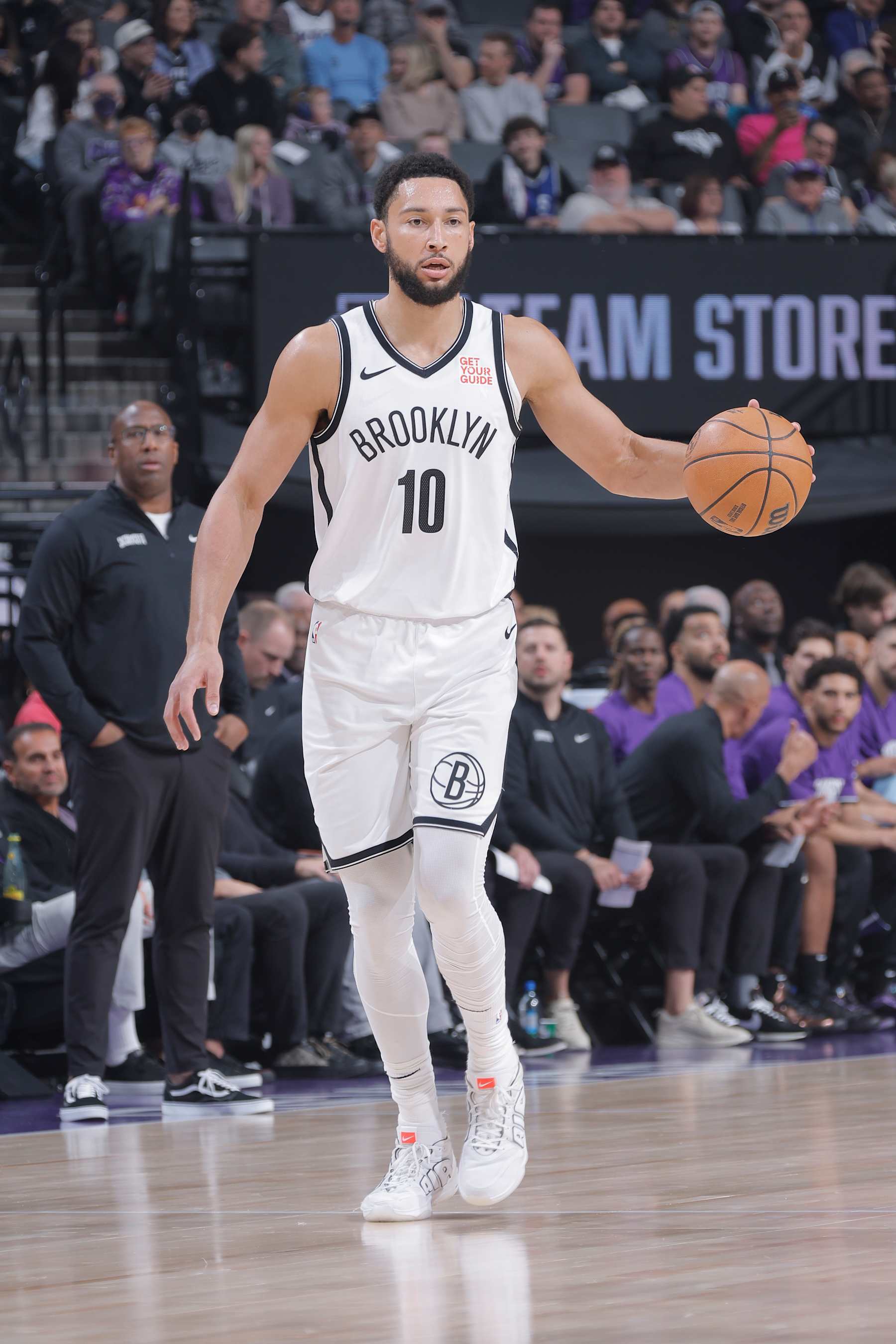 SACRAMENTO, CA - NOVEMBER 24: Ben Simmons #10 of the Brooklyn Nets dribbles the ball during the game against the Sacramento Kings on November 24, 2024 at Golden 1 Center in Sacramento, California. NOTE TO USER: User expressly acknowledges and agrees that, by downloading and or using this Photograph, user is consenting to the terms and conditions of the Getty Images License Agreement. Mandatory Copyright Notice: Copyright 2024 NBAE (Photo by Rocky Widner/NBAE via Getty Images)