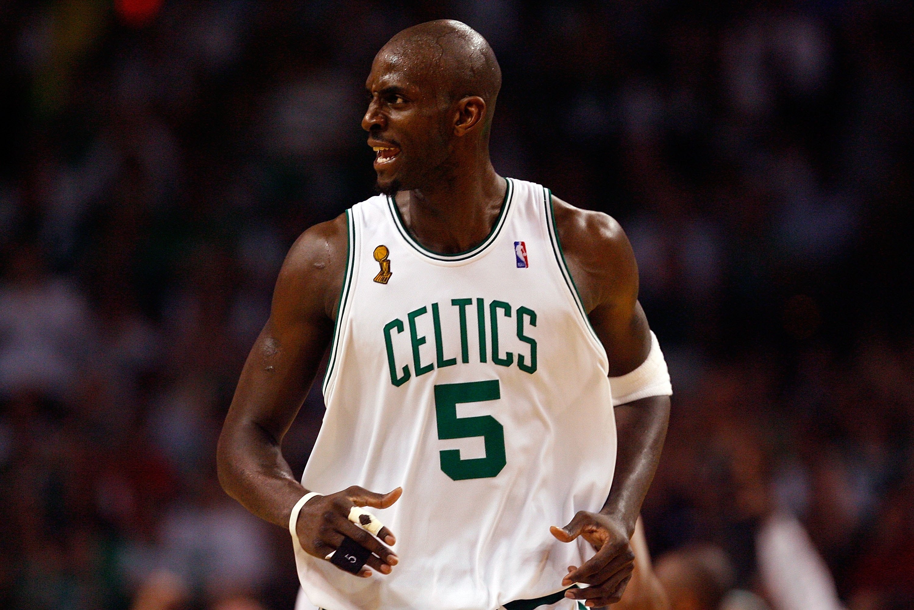 BOSTON - JUNE 17:  Kevin Garnett #5 of the Boston Celtics looks across the court in Game Six of the 2008 NBA Finals against the Los Angeles Lakers on June 17, 2008 at TD Banknorth Garden in Boston, Massachusetts.  The Celtics defeated the Lakers 131-92 to win the NBA Championship.  NOTE TO USER: User expressly acknowledges and agrees that, by downloading and/or using this Photograph, user is consenting to the terms and conditions of the Getty Images License Agreement.  (Photo by Jim Rogash/Getty Images)