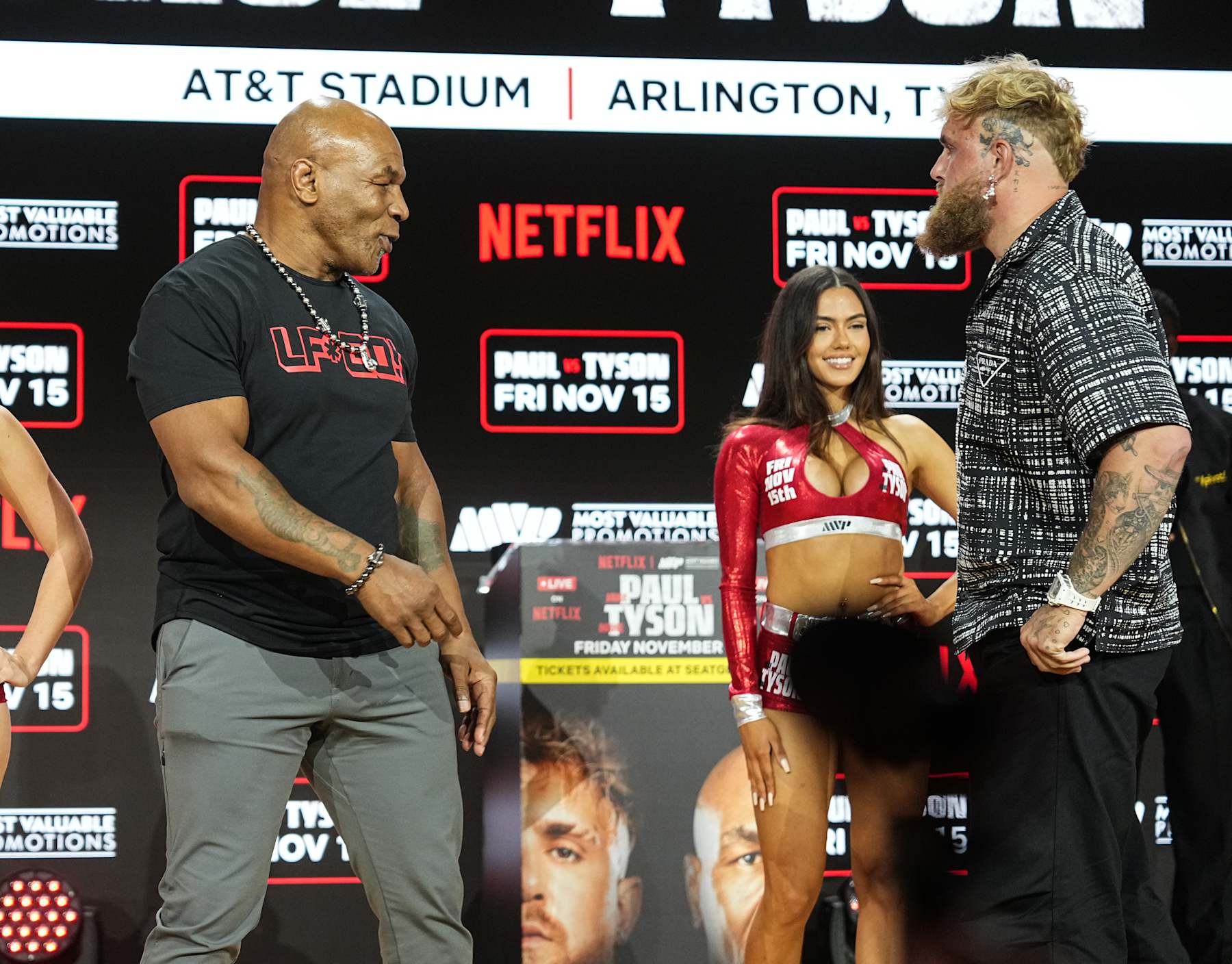 NEW YORK, NEW YORK - AUGUST 18: Mike Tyson and Jake Paul hold a press conference during Fanatics Fest NYC at Javits Center on August 18, 2024 in New York City. (Photo by John Nacion/Getty Images)