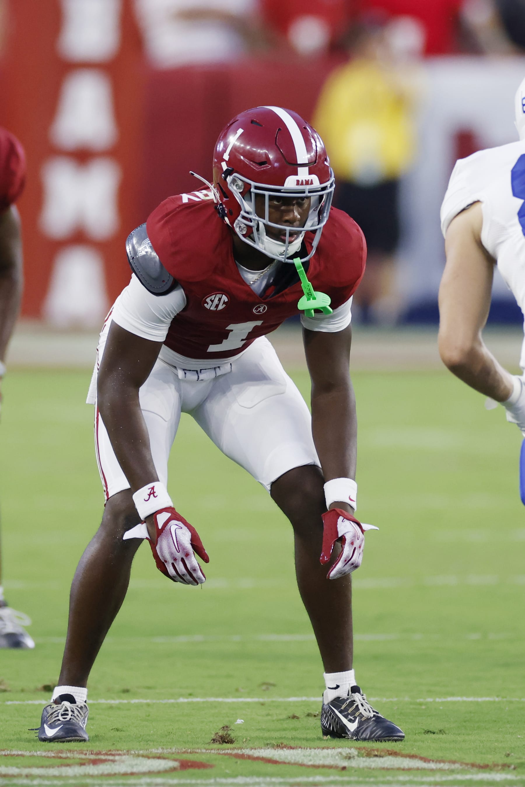 TUSCALOOSA, AL - SEPTEMBER 02: Alabama Crimson Tide defensive back Kool-Aid McKinstry (1) lines up on defense during a college football game against the Middle Tennessee Blue Raiders on September 02, 2023 at Bryant-Denny Stadium in Tuscaloosa, Alabama. (Photo by Joe Robbins/Icon Sportswire via Getty Images)