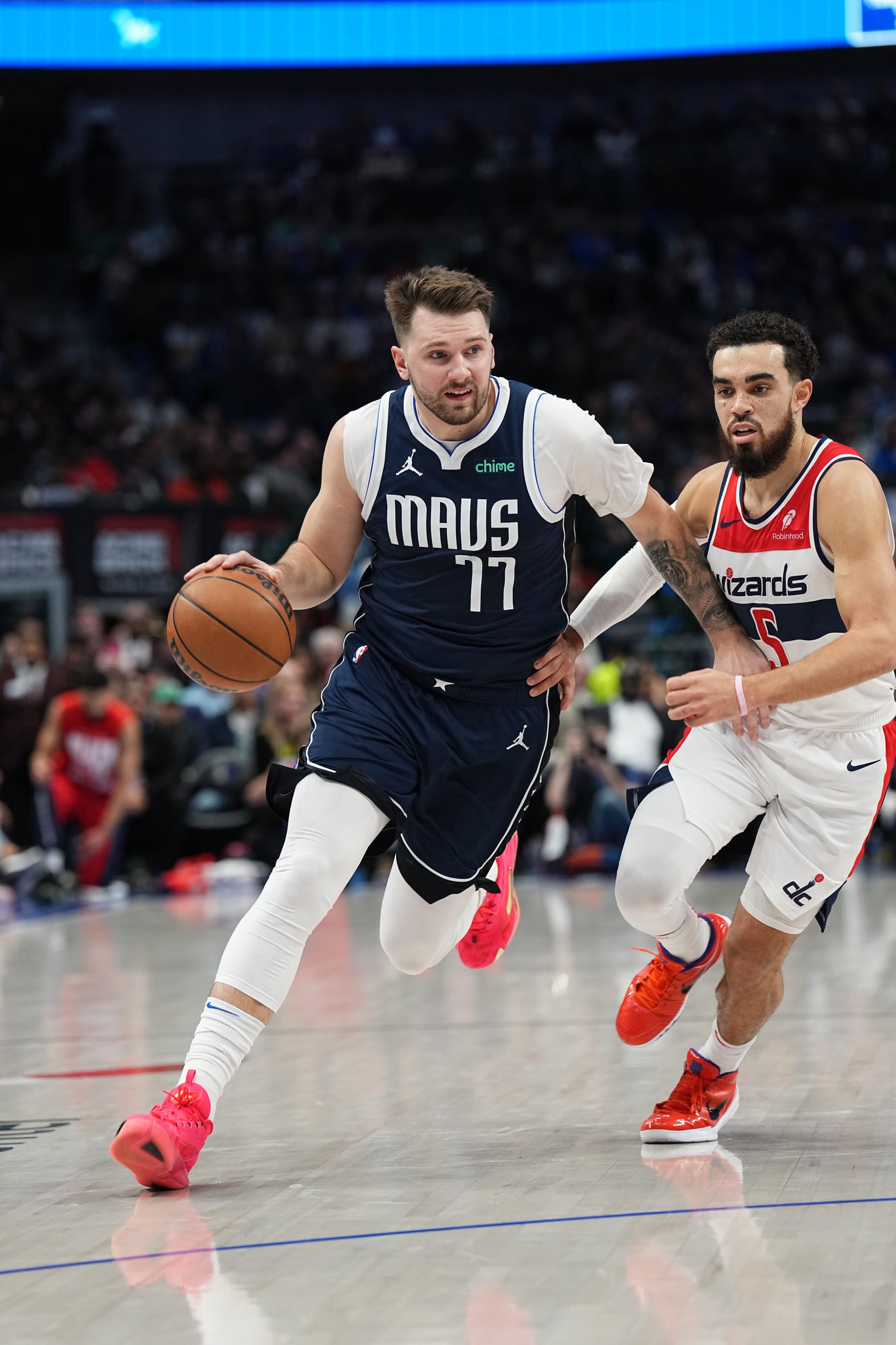 DALLAS, TX - FEBRUARY 12: Luka Doncic #77 of the Dallas Mavericks drives to the basket during the game against the Washington Wizards on February 12, 2024 at the American Airlines Center in Dallas, Texas. NOTE TO USER: User expressly acknowledges and agrees that, by downloading and or using this photograph, User is consenting to the terms and conditions of the Getty Images License Agreement. Mandatory Copyright Notice: Copyright 2024 NBAE (Photo by Glenn James/NBAE via Getty Images)
