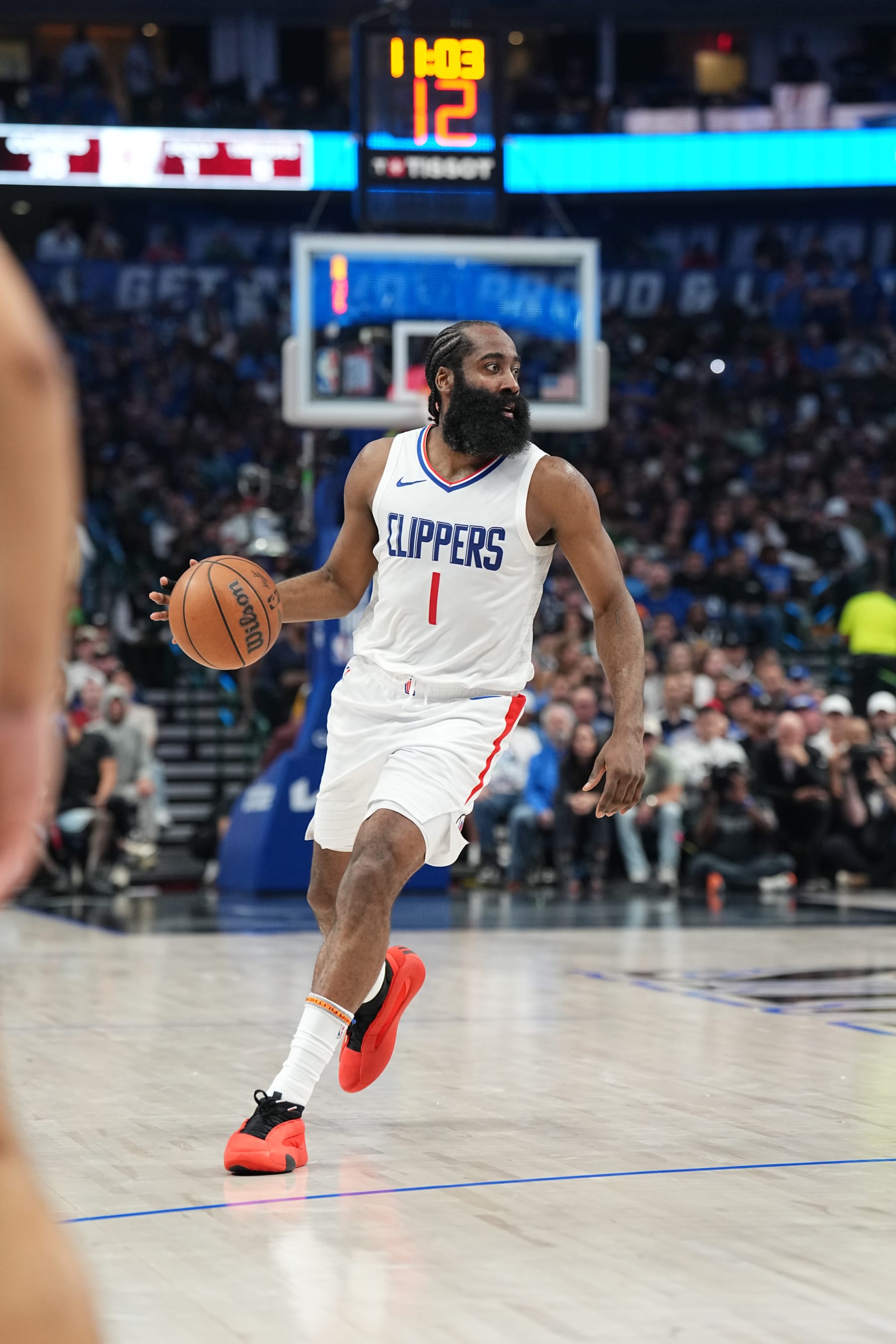 DALLAS, TX - MAY 3:  James Harden #1 of the LA Clippers handles the ball during the game  against the Dallas Mavericks during Round 1 Game 6 of the 2024 NBA Playoffs  on May 3, 2024  at the American Airlines Center in Dallas, Texas. NOTE TO USER: User expressly acknowledges and agrees that, by downloading and or using this photograph, User is consenting to the terms and conditions of the Getty Images License Agreement. Mandatory Copyright Notice: Copyright 2024 NBAE (Photo by Glenn James/NBAE via Getty Images)