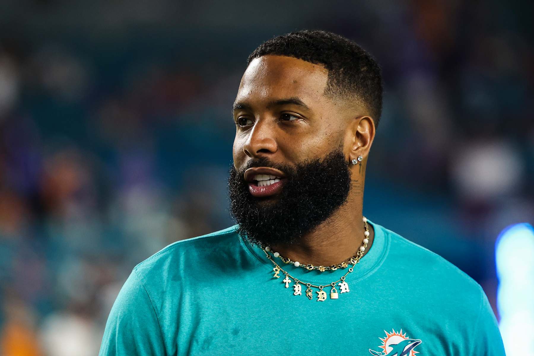 MIAMI GARDENS, FL - SEPTEMBER 12: Odell Beckham Jr. #3 of the Miami Dolphins looks on prior to an NFL football game against the Buffalo Bills at Hard Rock Stadium on September 12, 2024 in Miami Gardens, FL. (Photo by Perry Knotts/Getty Images)