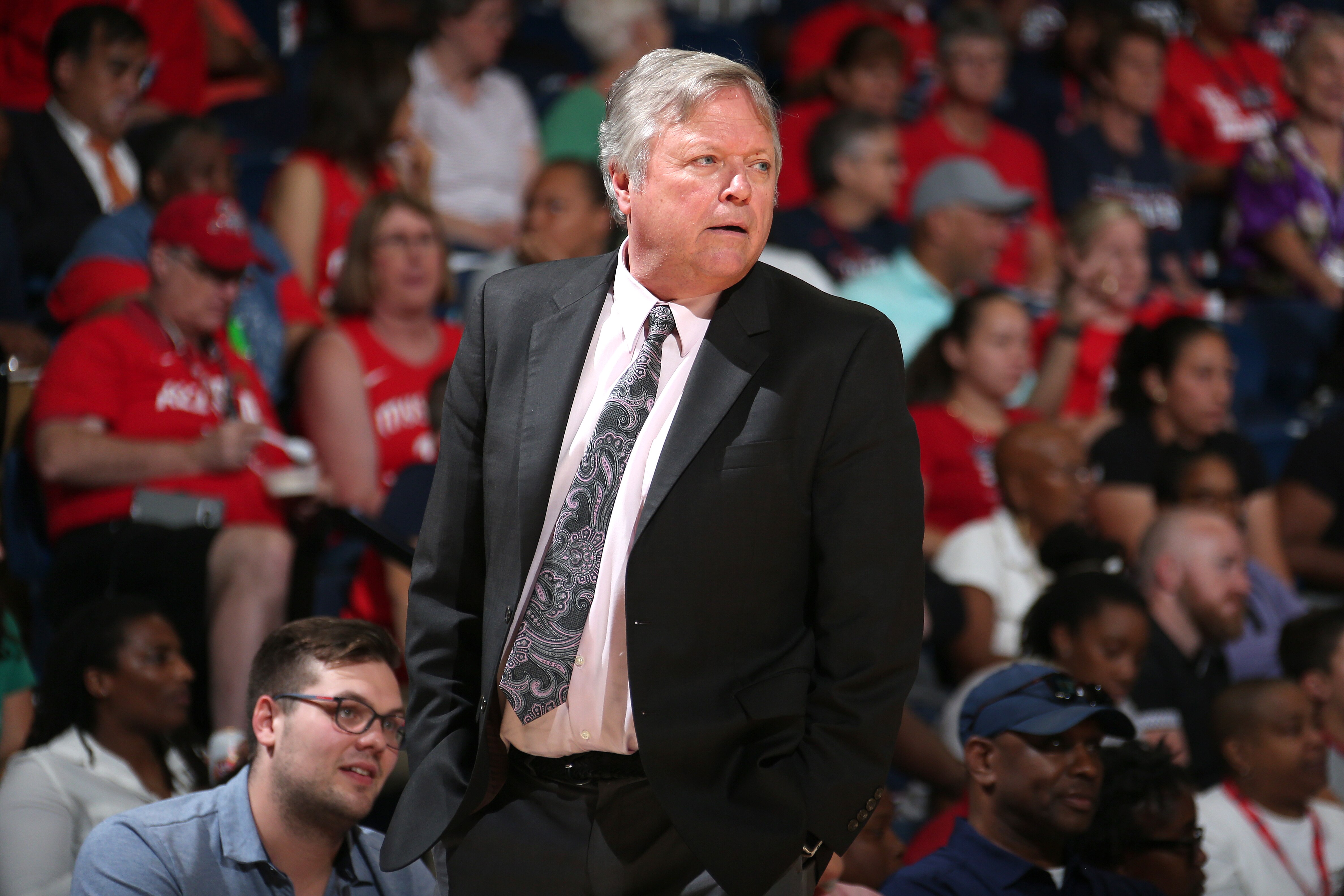 WASHINGTON, DC - AUGUST 14: Head Coach Dan Hughes of the Seattle Storm looks on during the game against the Washington Mystics on August 14, 2019 at the Entertainment & Sports Arena in Washington, DC. NOTE TO USER: User expressly acknowledges and agrees that, by downloading and/or using this photograph, user is consenting to the terms and conditions of the Getty Images License Agreement. Mandatory Copyright Notice: Copyright 2019 NBAE (Photo by Ned Dishman/NBAE via Getty Images)