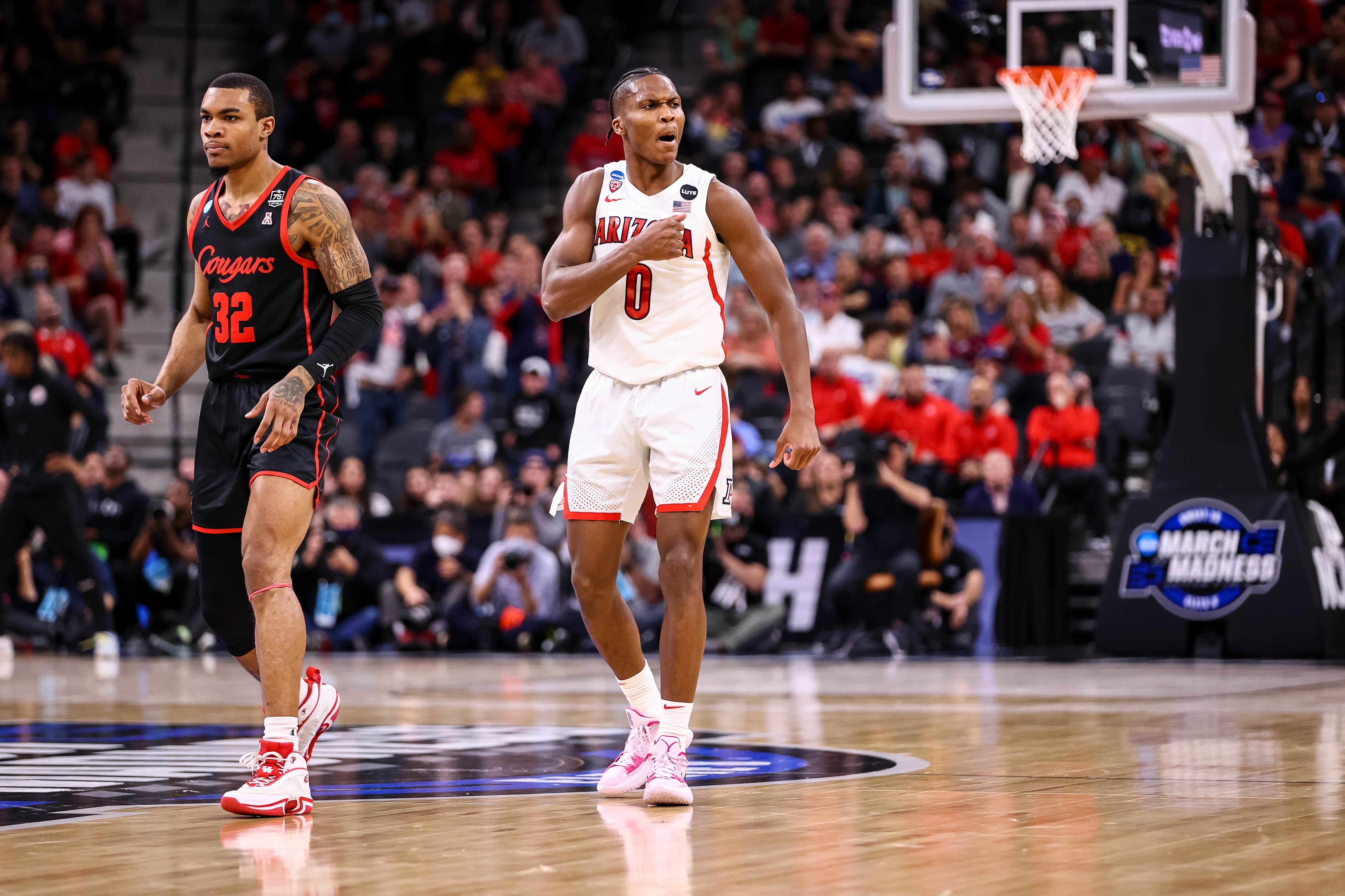SAN ANTONIO, TX - MARCH 24: Bennedict Mathurin #0 of the Arizona Wildcats reacts during the Sweet 16 round of the 2022 NCAA Men's Basketball Tournament held at AT&T Center on March 24, 2022 in San Antonio, Texas. (Photo by C. Morgan Engel/NCAA Photos via Getty Images)