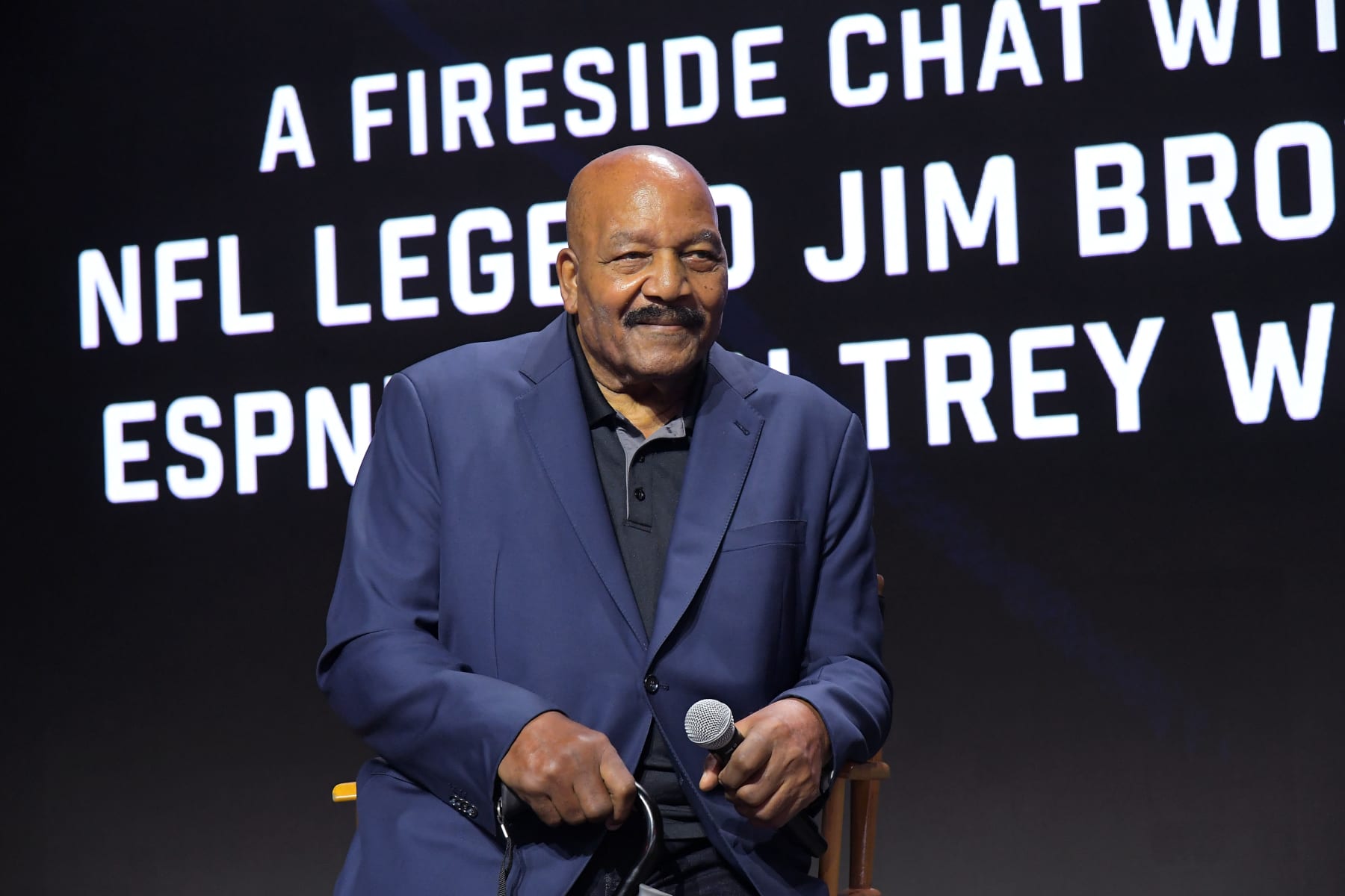 ANAHEIM, CALIFORNIA - AUGUST 23: Jim Brown speaks onstage as ESPN+ Presents: a Fireside Chat with NFL Legend Jim Brown and Trey Wingo, during an exclusive screening of original series "Peyton's Places", at the Disney+ Showcase at Disney’s D23 EXPO 2019 in Anaheim, CA. "Peyton's Places" will stream exclusively on Disney+, which launches November 12. (Photo by Charley Gallay/Getty Images for Disney+)