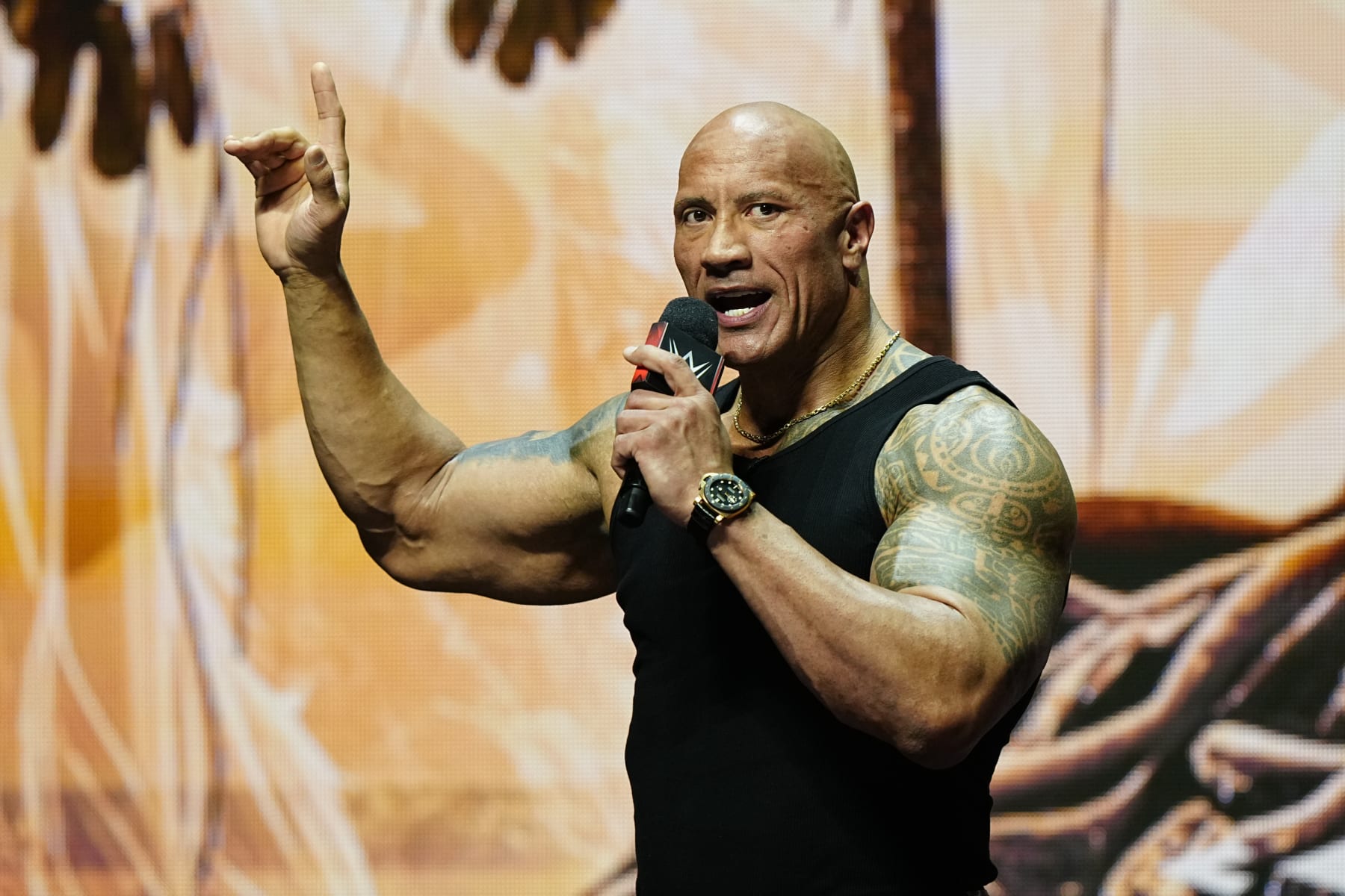 LAS VEGAS, NV - FEBRUARY 08:  Dwayne "The Rock" Johnson, Ten-Time WWE World Champion during the WWE Wrestlemania XL Kickoff on February 08, 2024, at T-Mobile Arena in Las Vegas, NV. (Photo by Louis Grasse/PXimages/Icon Sportswire via Getty Images)